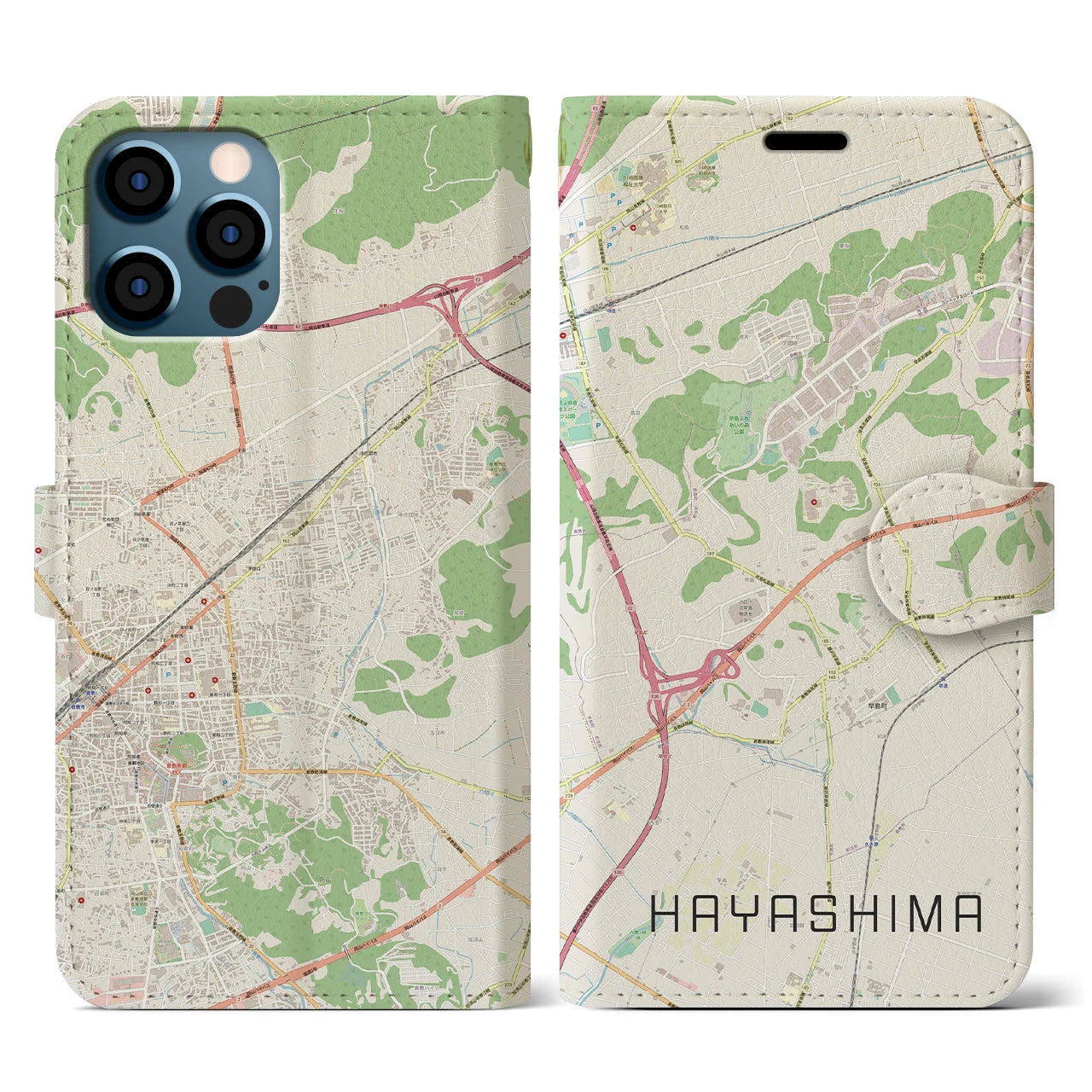 【早島(岡山県)】地図柄iPhoneケース(手帳タイプ)ナチュラル・iPhone 12 / 12 Pro 用
