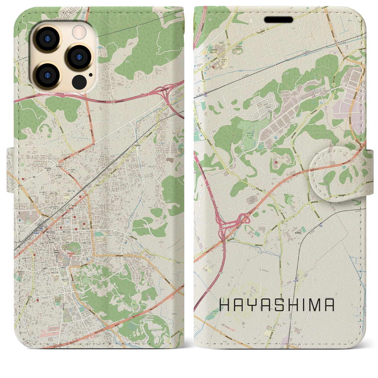 【早島(岡山県)】地図柄iPhoneケース(手帳タイプ)ナチュラル・iPhone 12 Pro Max 用