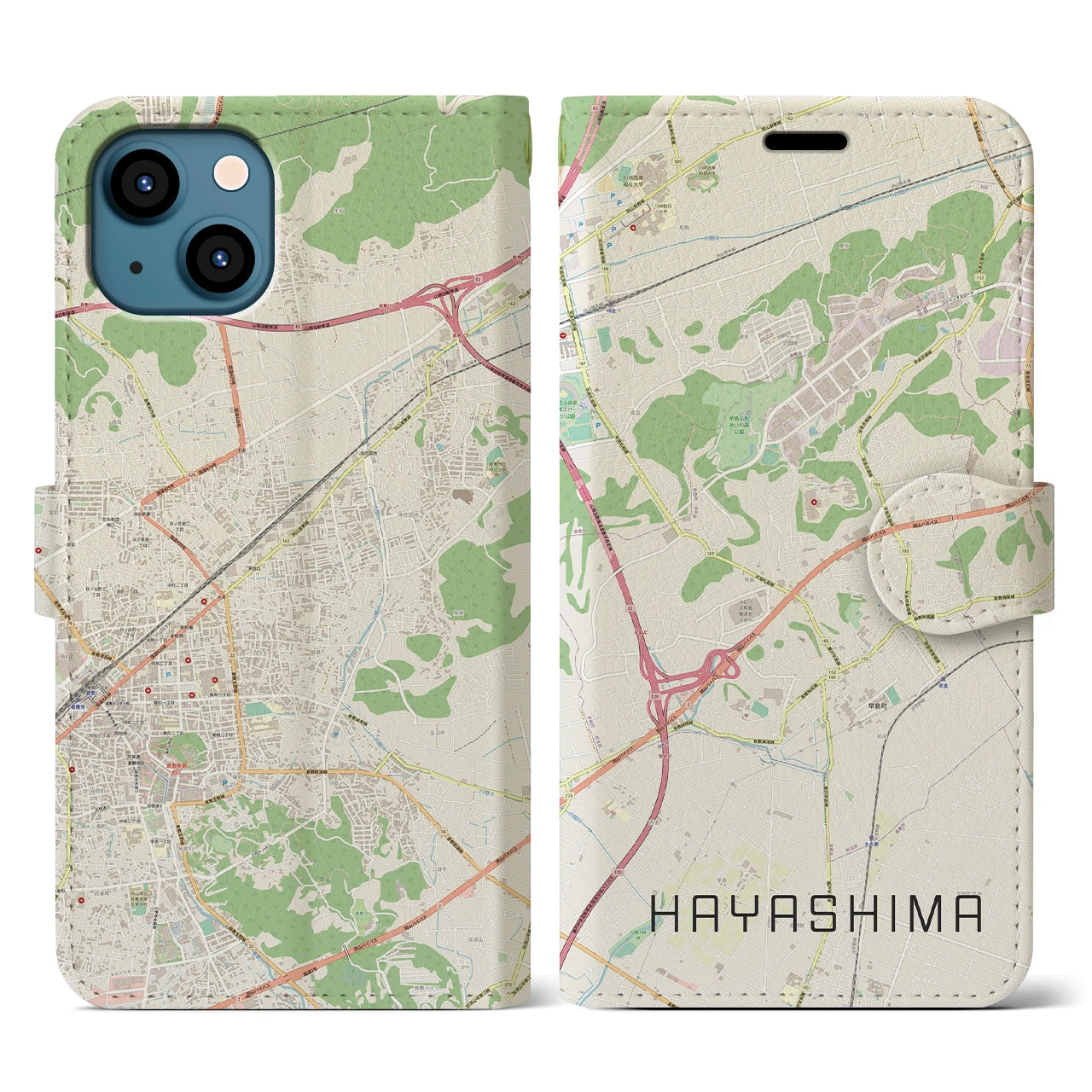 【早島(岡山県)】地図柄iPhoneケース(手帳タイプ)ナチュラル・iPhone 13 用