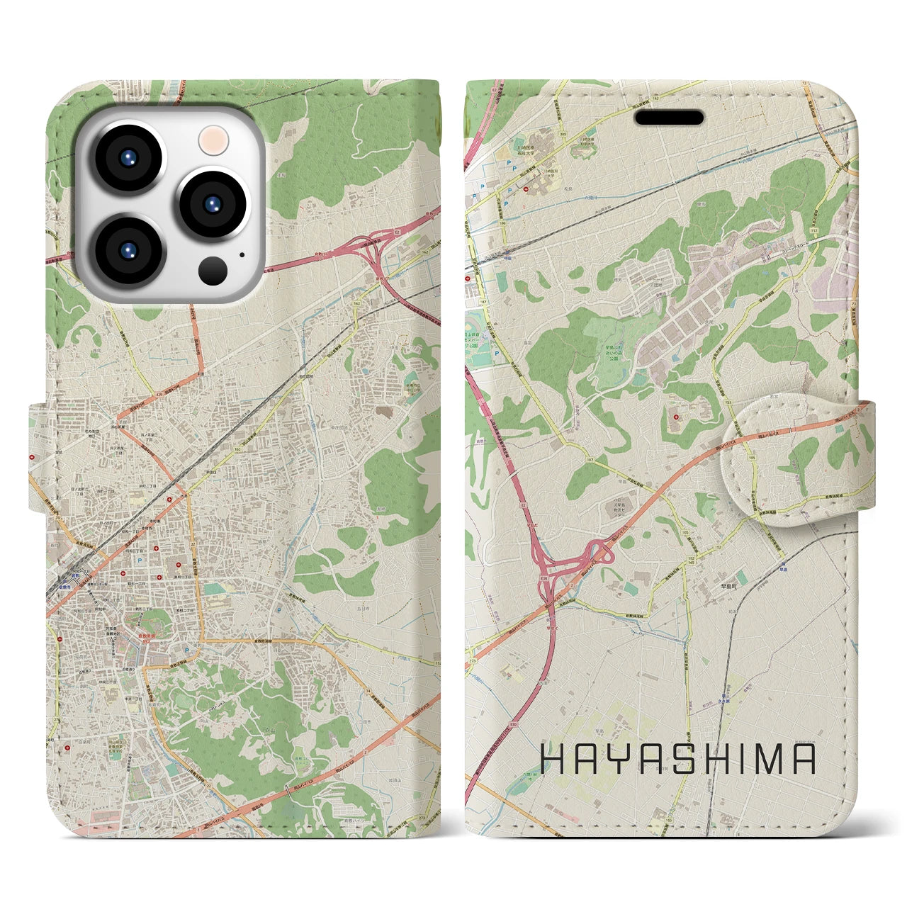 【早島(岡山県)】地図柄iPhoneケース(手帳タイプ)ナチュラル・iPhone 13 Pro 用