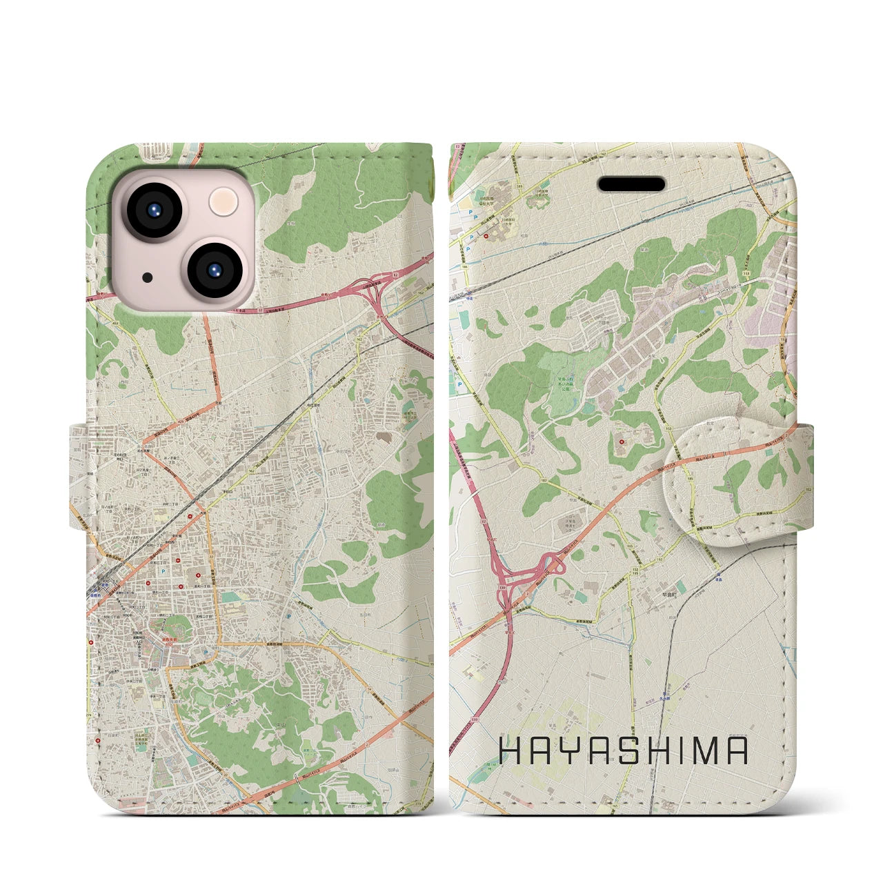 【早島(岡山県)】地図柄iPhoneケース(手帳タイプ)ナチュラル・iPhone 13 mini 用