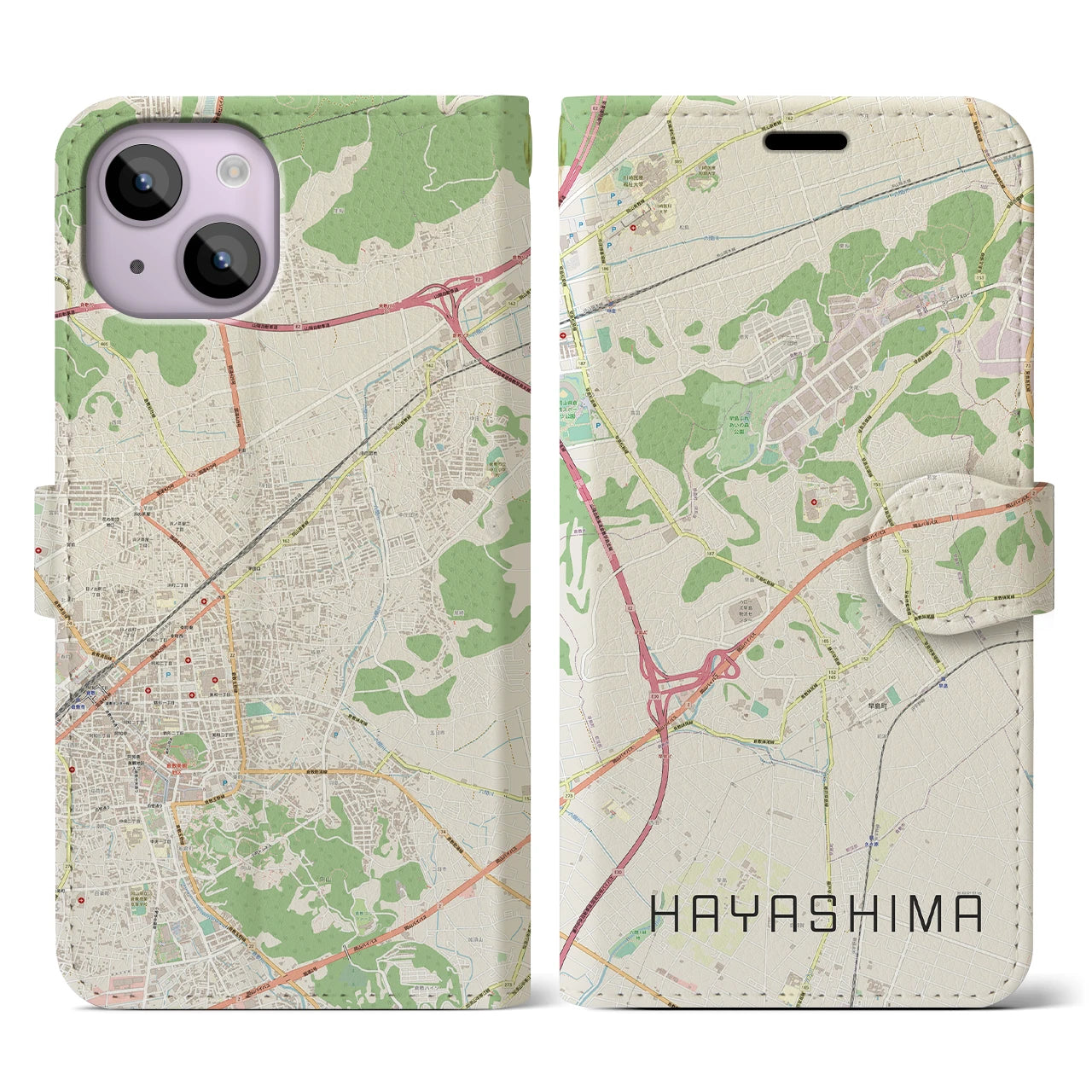 【早島(岡山県)】地図柄iPhoneケース(手帳タイプ)ナチュラル・iPhone 14 用
