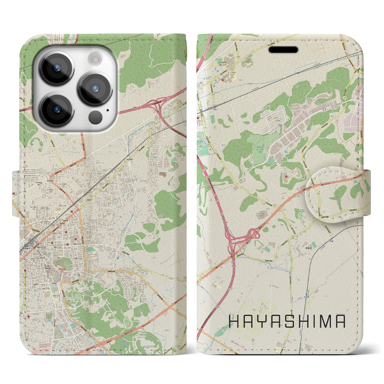 【早島(岡山県)】地図柄iPhoneケース(手帳タイプ)ナチュラル・iPhone 14 Pro 用