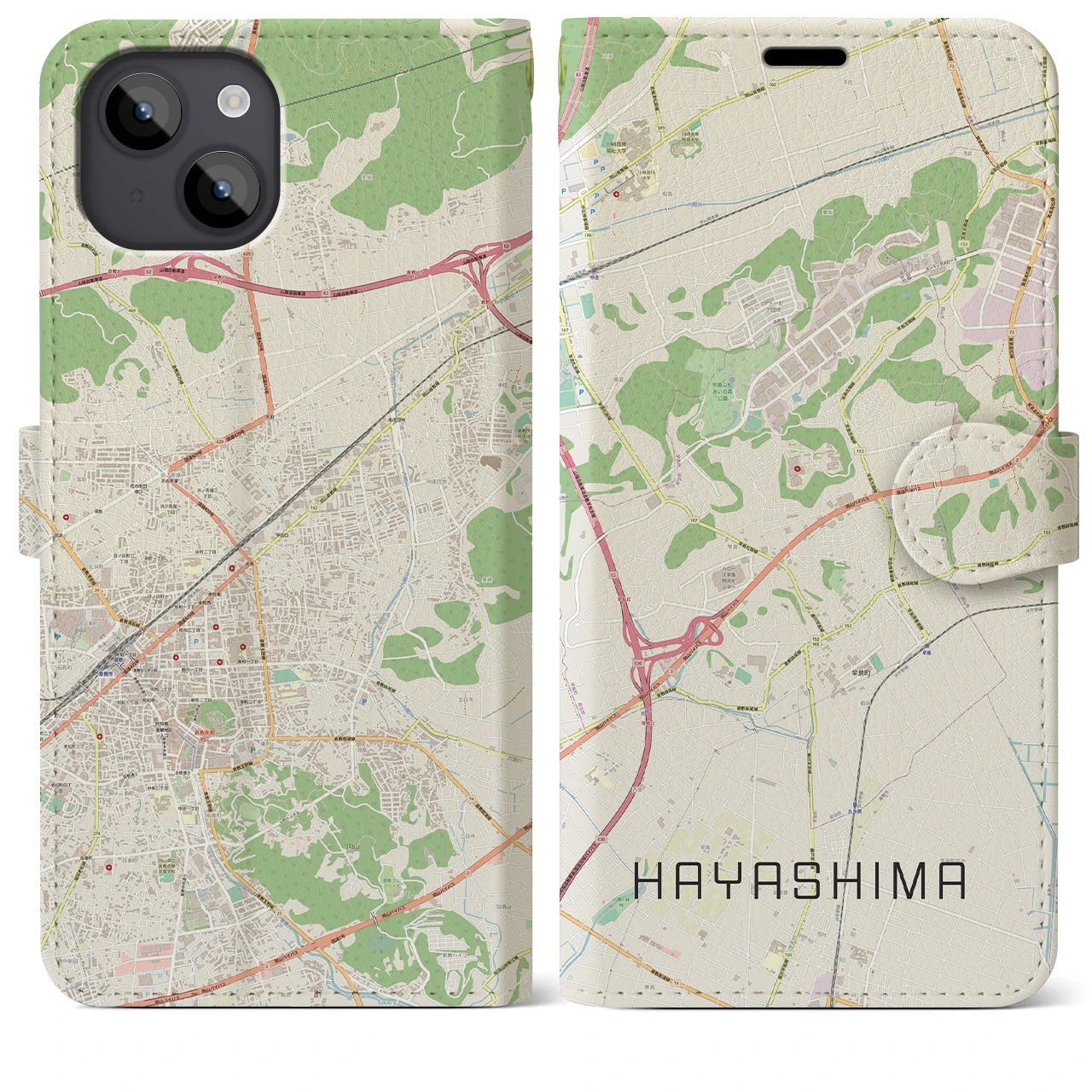 【早島(岡山県)】地図柄iPhoneケース(手帳タイプ)ナチュラル・iPhone 14 Plus 用