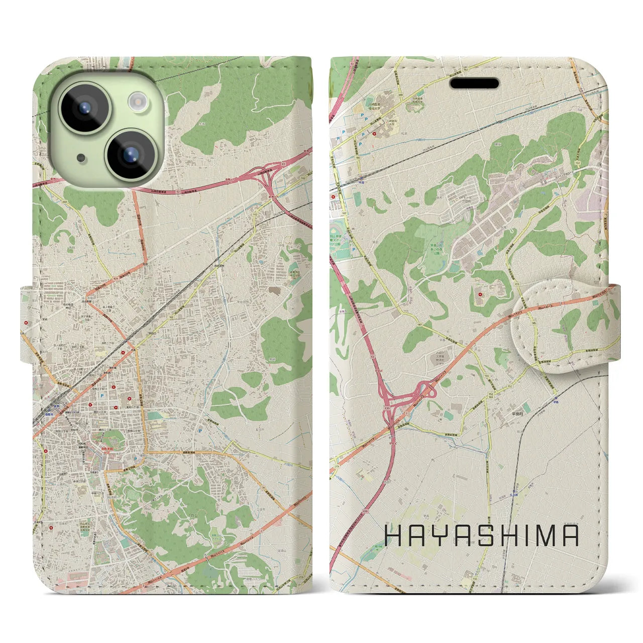 【早島(岡山県)】地図柄iPhoneケース(手帳タイプ)ナチュラル・iPhone 15 用