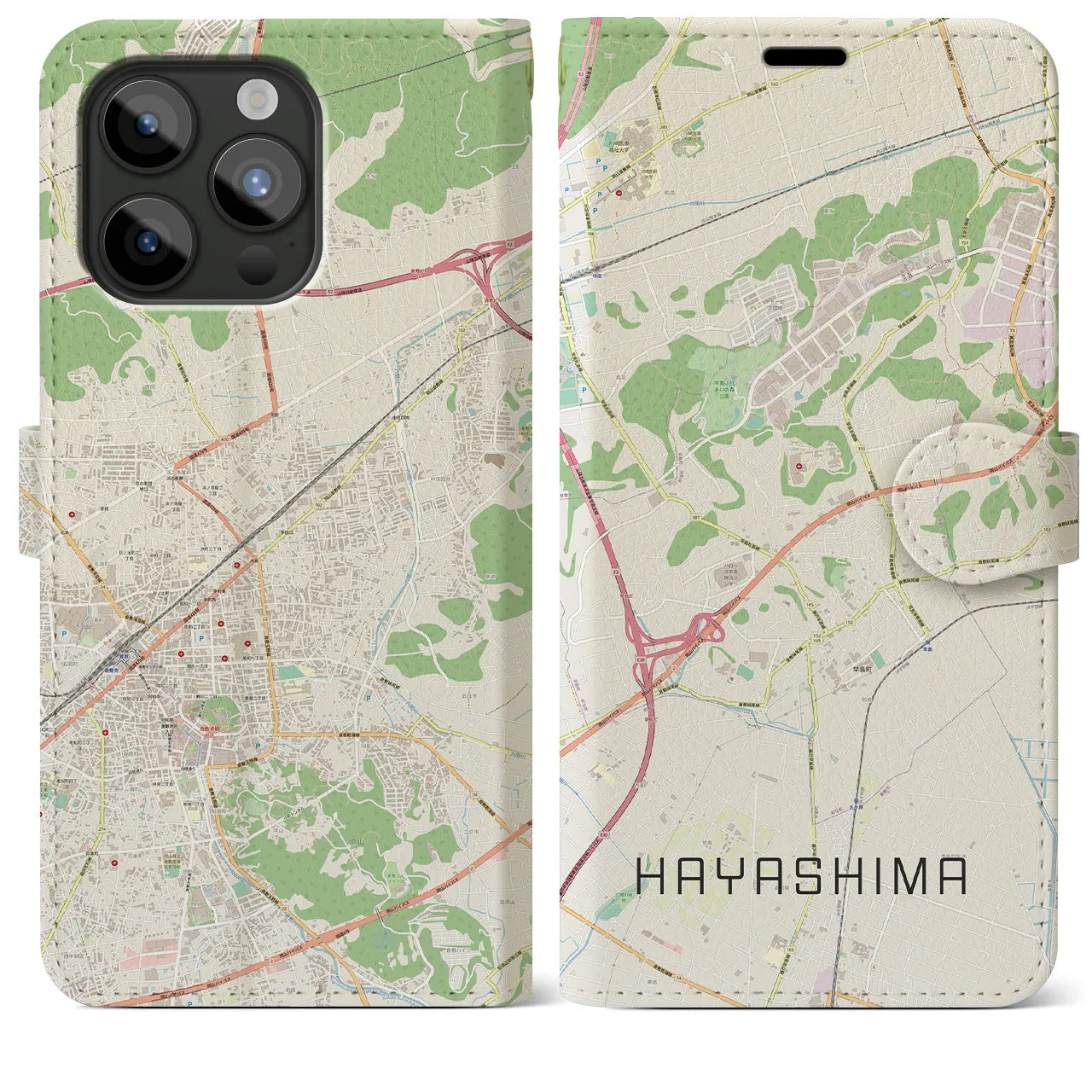 【早島(岡山県)】地図柄iPhoneケース(手帳タイプ)ナチュラル・iPhone 15 Pro Max 用