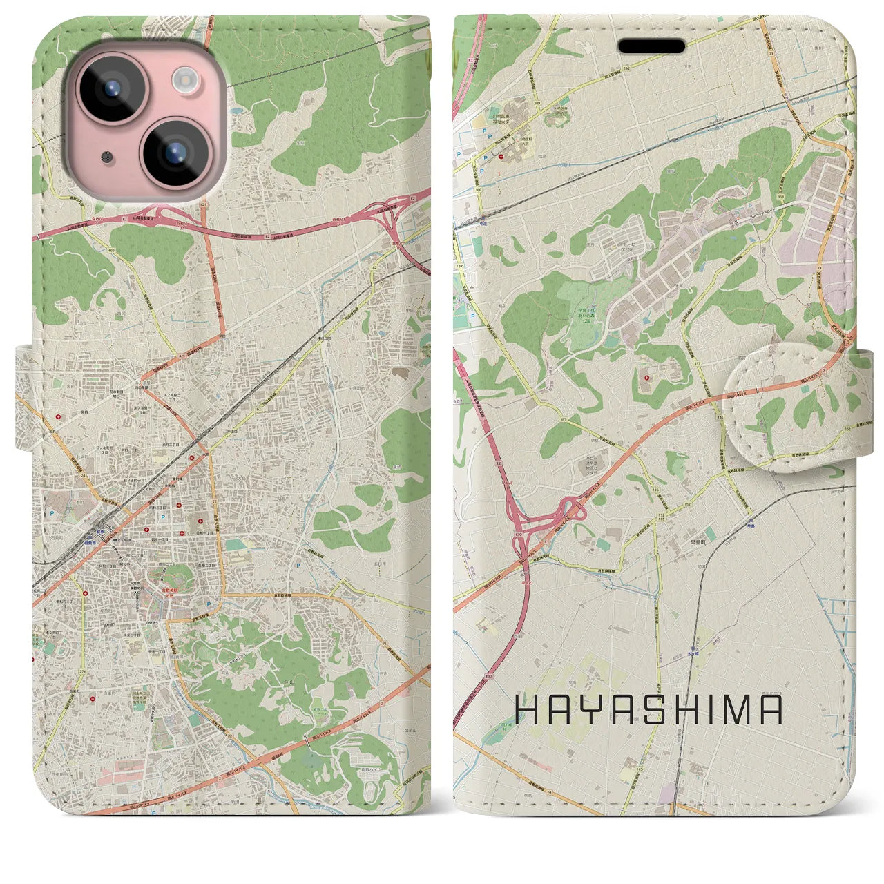 【早島(岡山県)】地図柄iPhoneケース(手帳タイプ)ナチュラル・iPhone 15 Plus 用