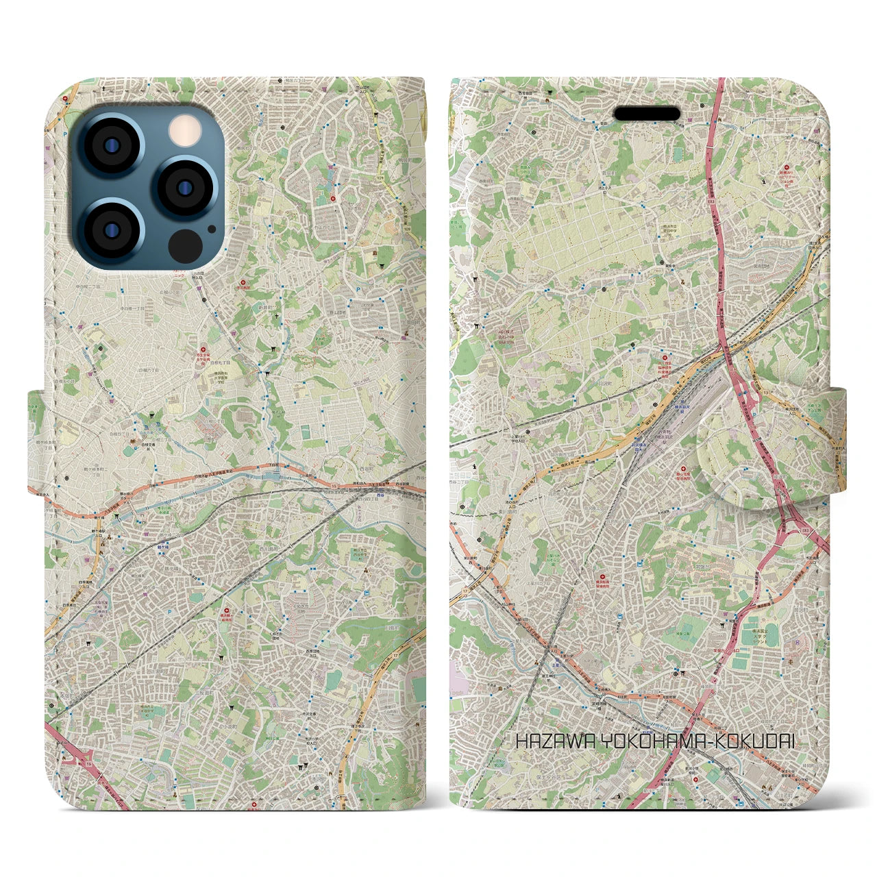 【羽沢横浜国大(神奈川県)】地図柄iPhoneケース(手帳タイプ)ナチュラル・iPhone 12 / 12 Pro 用