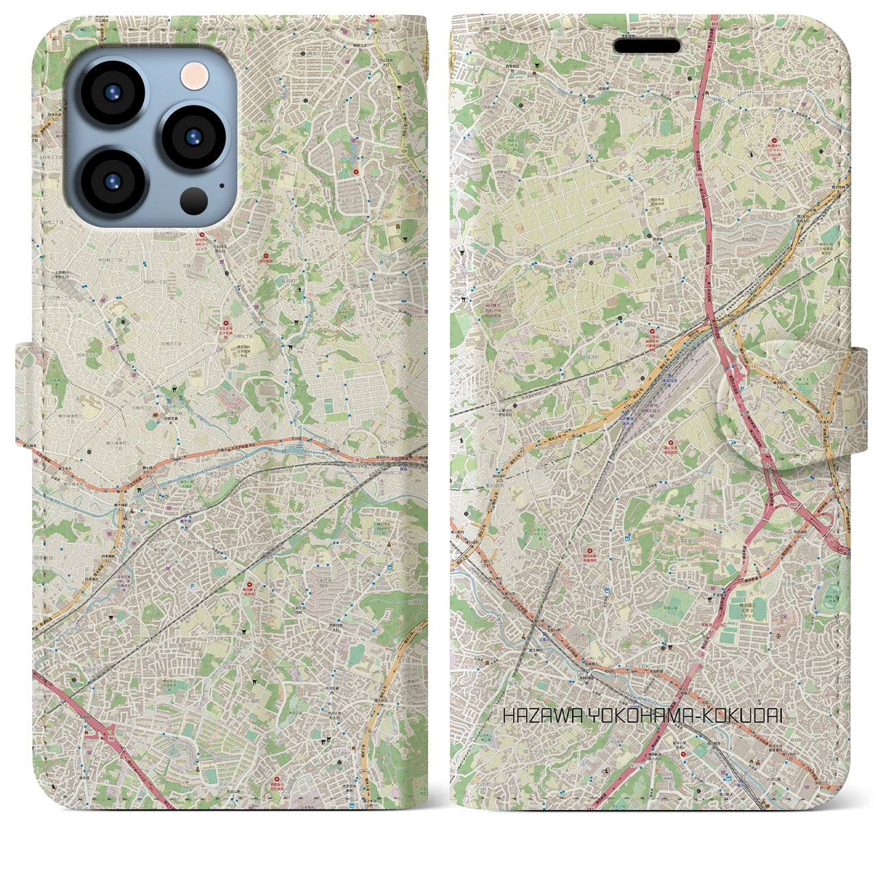 【羽沢横浜国大(神奈川県)】地図柄iPhoneケース(手帳タイプ)ナチュラル・iPhone 13 Pro Max 用