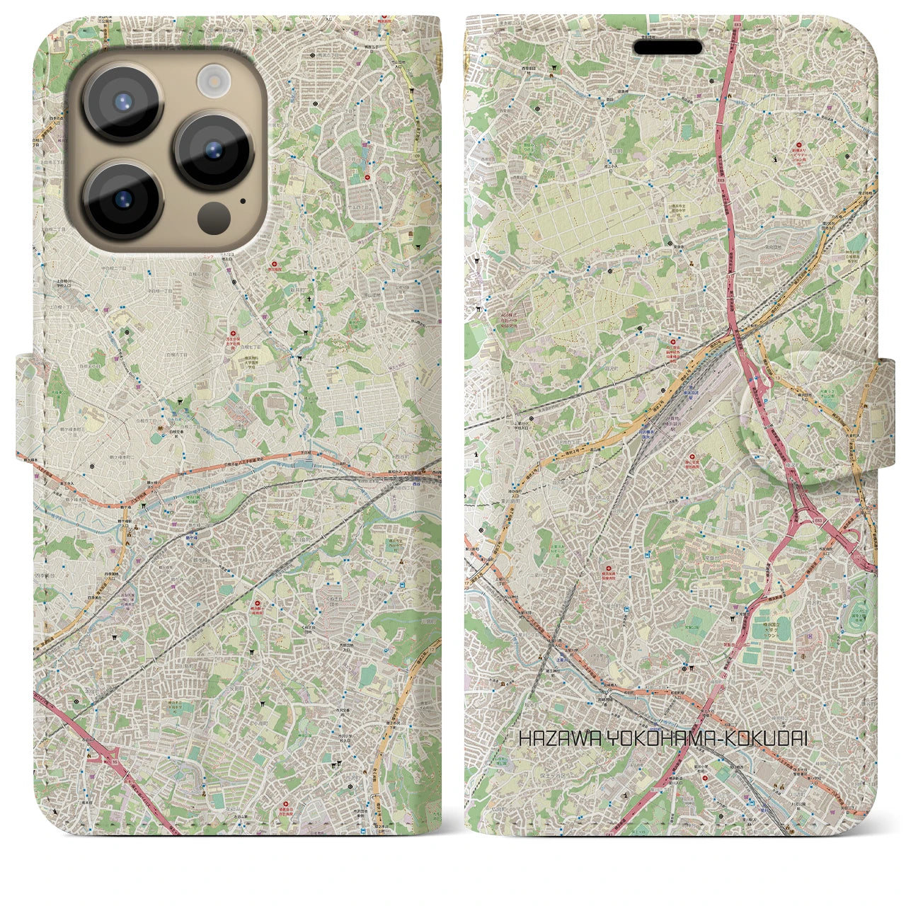 【羽沢横浜国大(神奈川県)】地図柄iPhoneケース(手帳タイプ)ナチュラル・iPhone 14 Pro Max 用