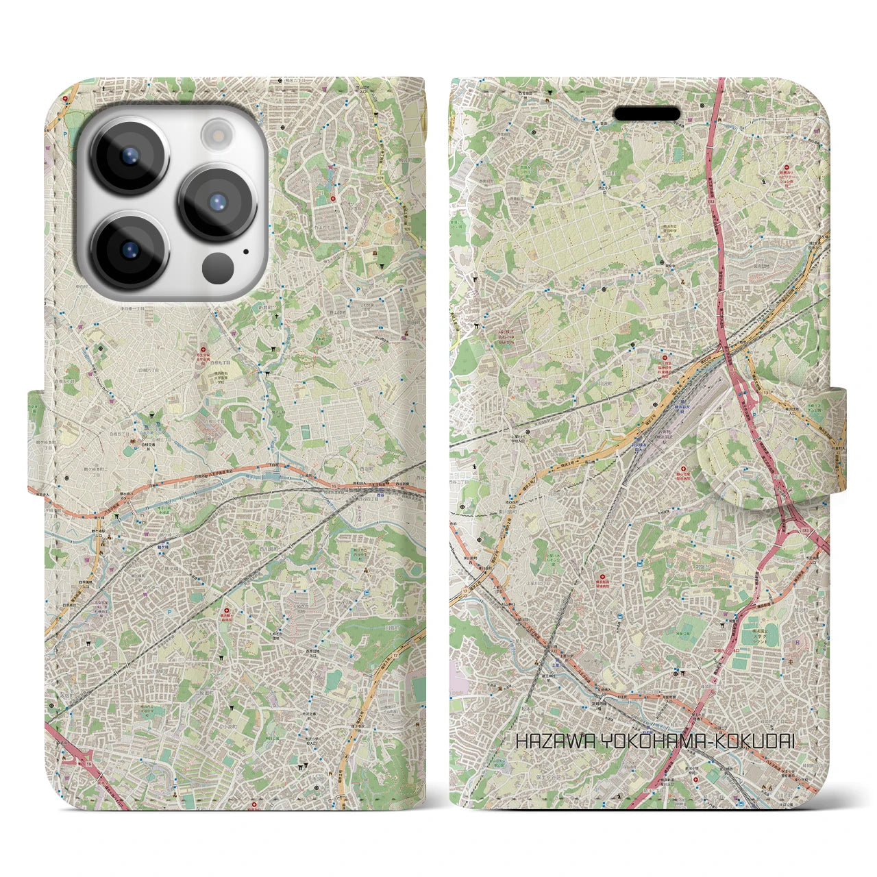 【羽沢横浜国大(神奈川県)】地図柄iPhoneケース(手帳タイプ)ナチュラル・iPhone 14 Pro 用