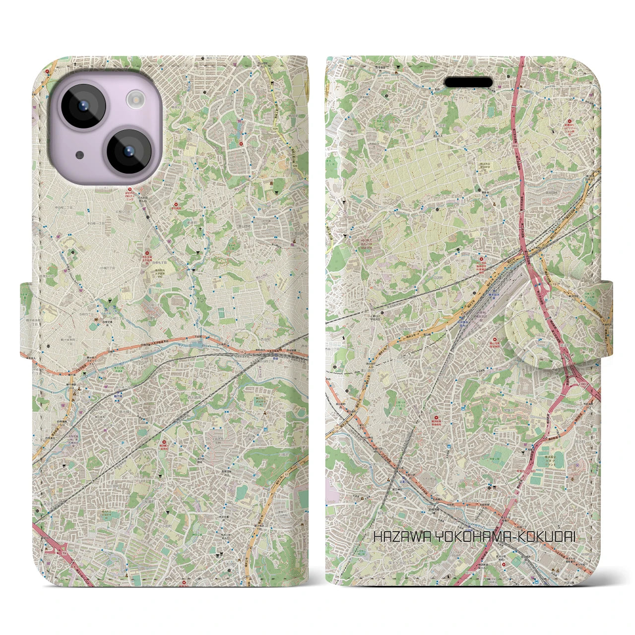 【羽沢横浜国大(神奈川県)】地図柄iPhoneケース(手帳タイプ)ナチュラル・iPhone 14 用