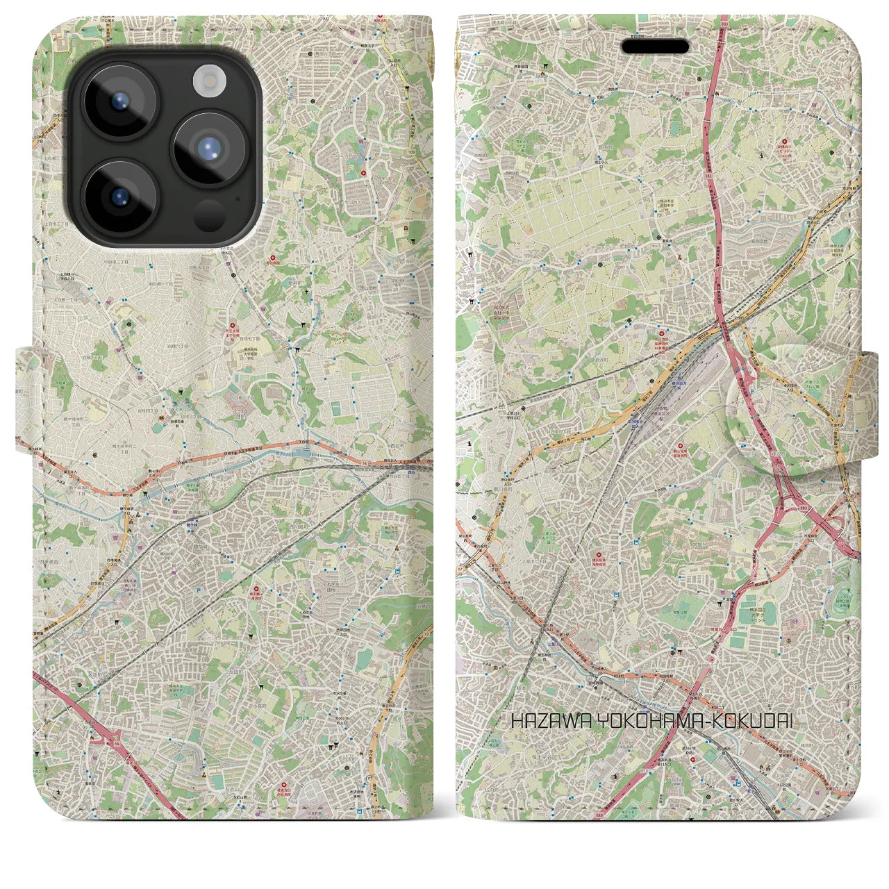 【羽沢横浜国大(神奈川県)】地図柄iPhoneケース(手帳タイプ)ナチュラル・iPhone 15 Pro Max 用