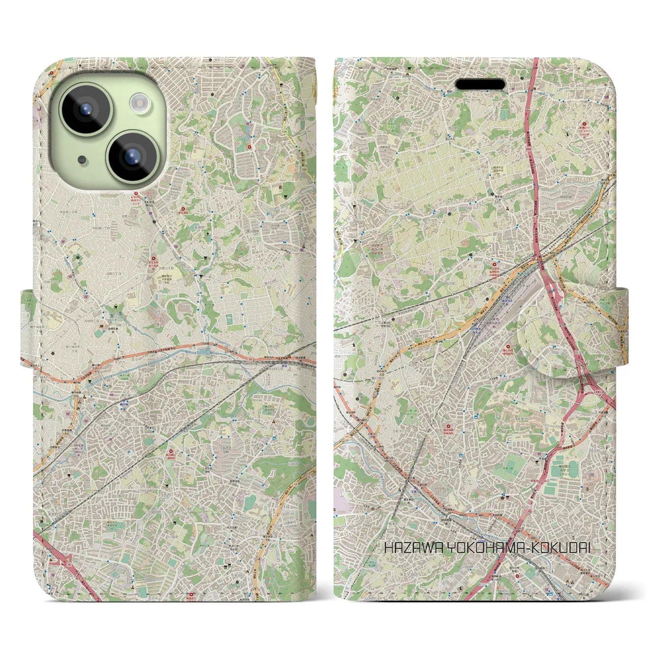 【羽沢横浜国大(神奈川県)】地図柄iPhoneケース(手帳タイプ)ナチュラル・iPhone 15 用