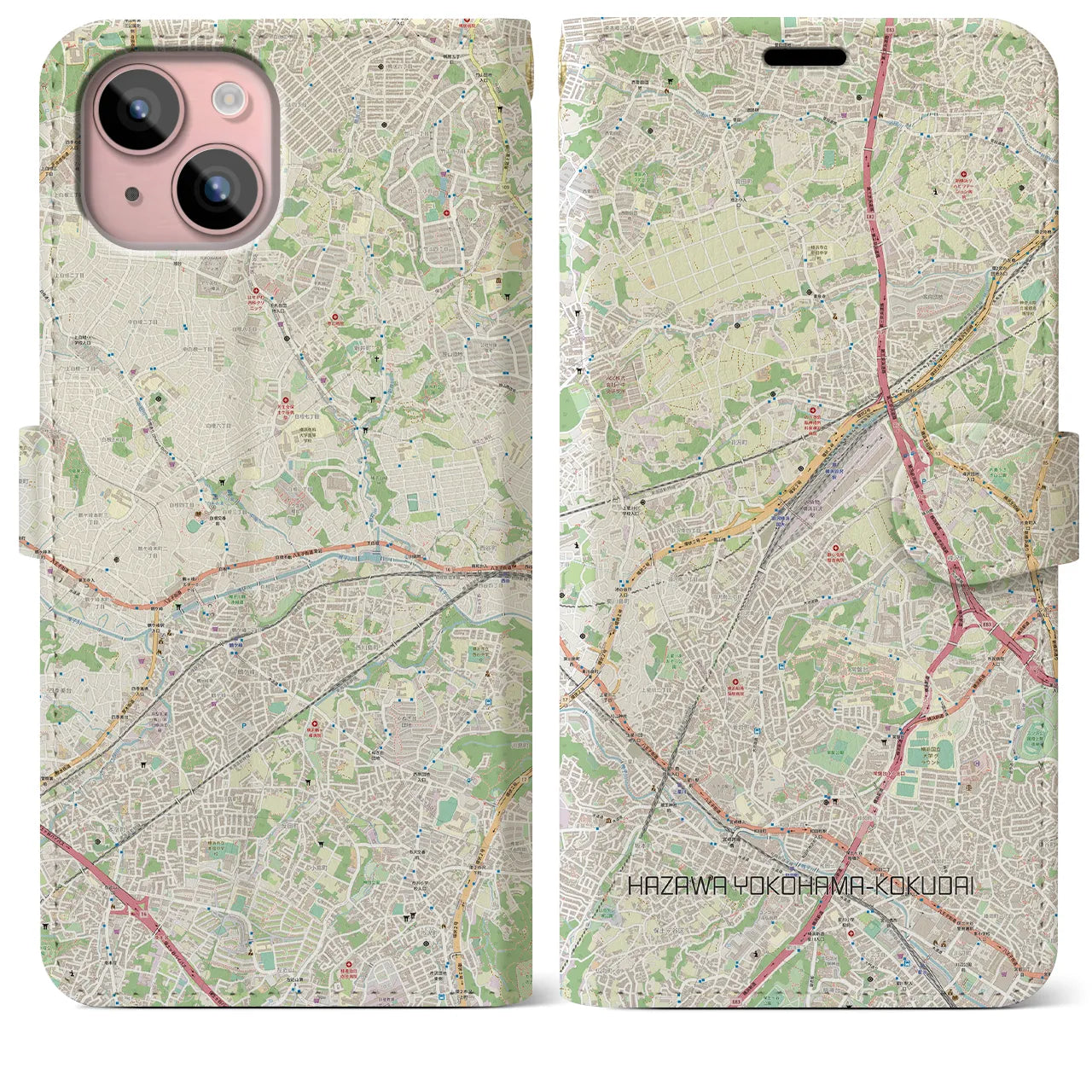 【羽沢横浜国大(神奈川県)】地図柄iPhoneケース(手帳タイプ)ナチュラル・iPhone 15 Plus 用