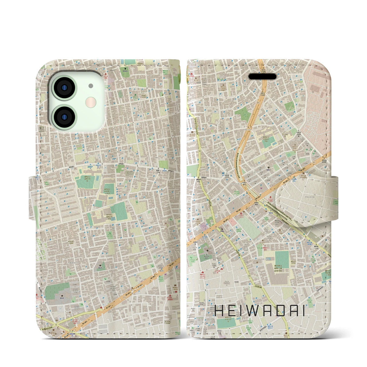 【平和台(東京都)】地図柄iPhoneケース(手帳タイプ)ナチュラル・iPhone 12 mini 用