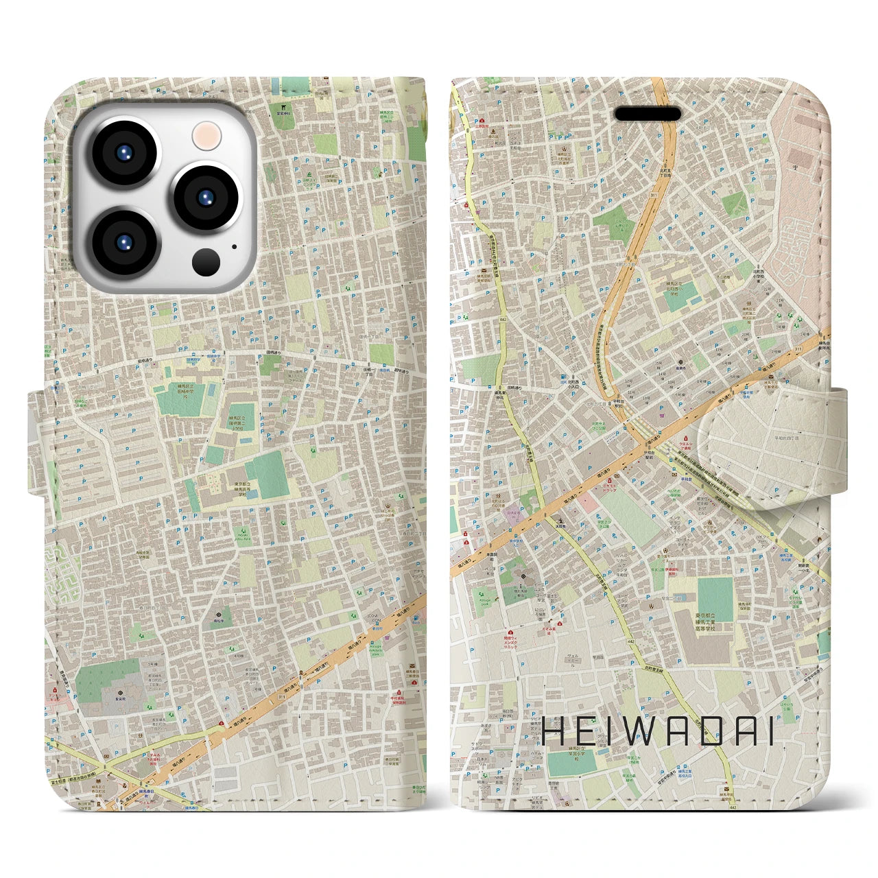 【平和台(東京都)】地図柄iPhoneケース(手帳タイプ)ナチュラル・iPhone 13 Pro 用