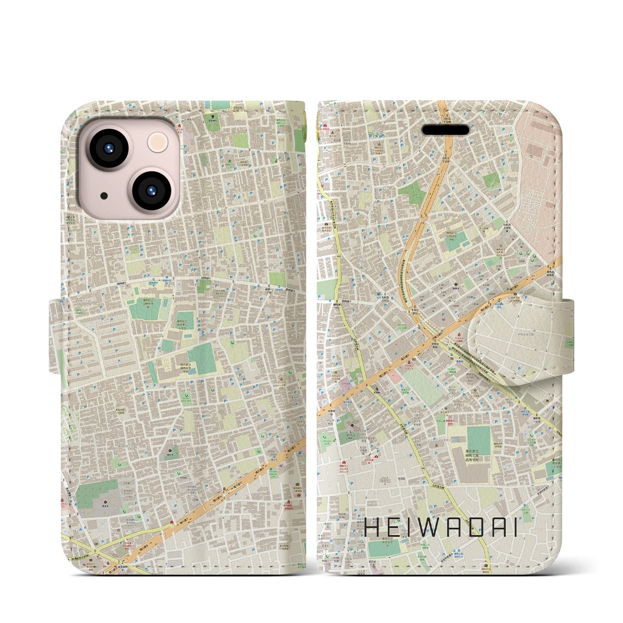 【平和台(東京都)】地図柄iPhoneケース(手帳タイプ)ナチュラル・iPhone 13 mini 用