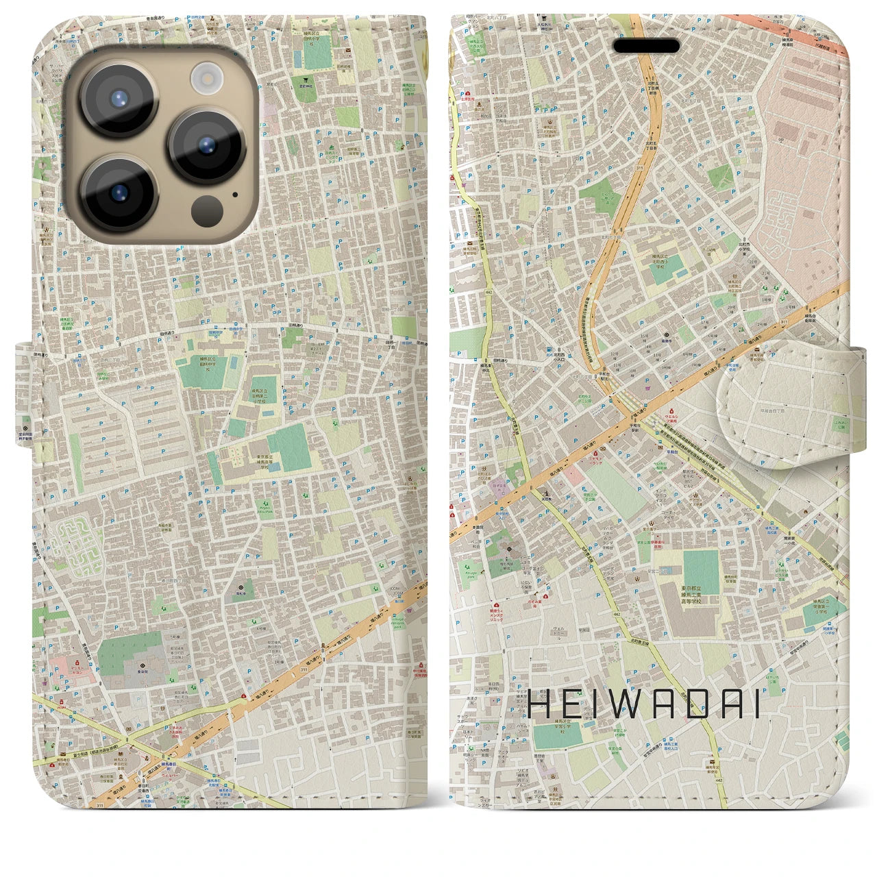 【平和台(東京都)】地図柄iPhoneケース(手帳タイプ)ナチュラル・iPhone 14 Pro Max 用