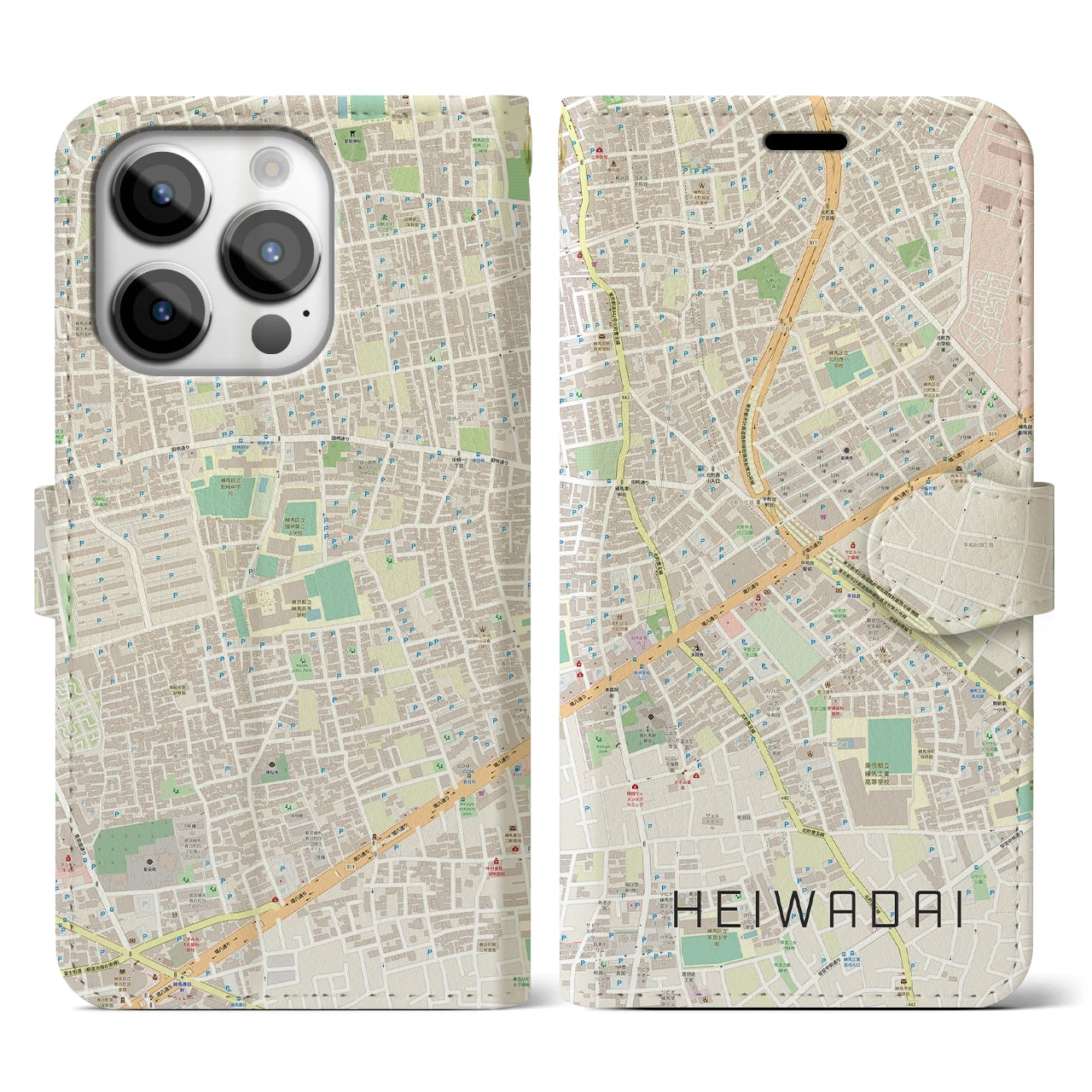 【平和台(東京都)】地図柄iPhoneケース(手帳タイプ)ナチュラル・iPhone 14 Pro 用