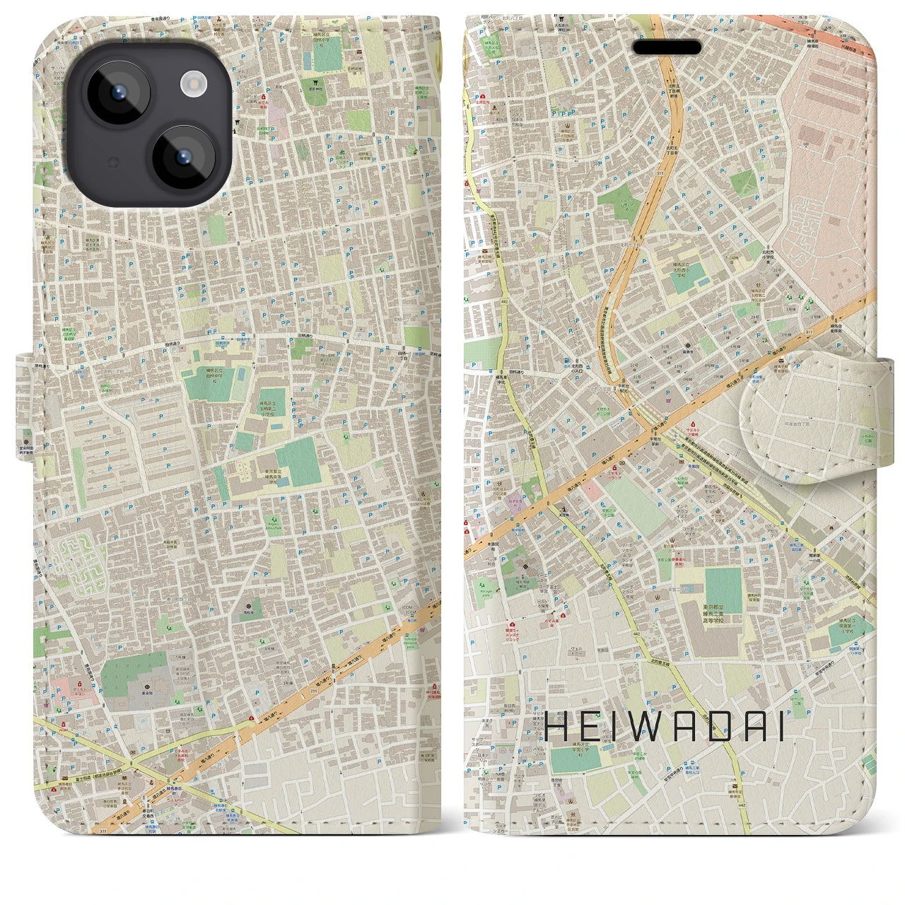 【平和台(東京都)】地図柄iPhoneケース(手帳タイプ)ナチュラル・iPhone 14 Plus 用