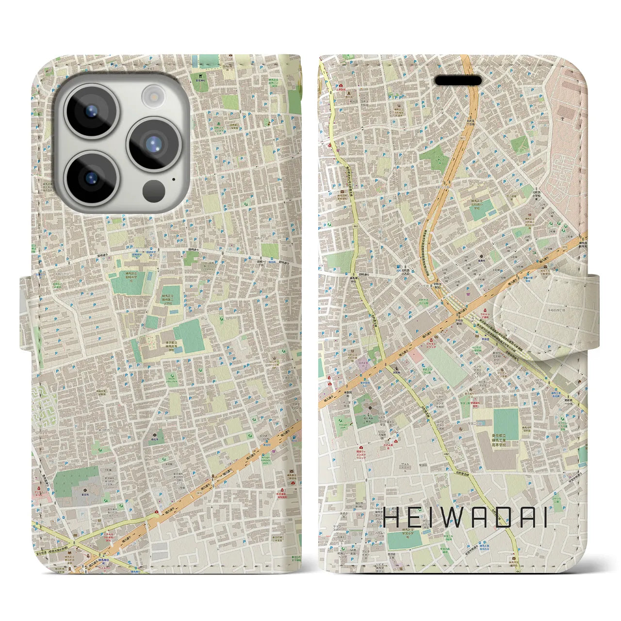 【平和台(東京都)】地図柄iPhoneケース(手帳タイプ)ナチュラル・iPhone 15 Pro 用