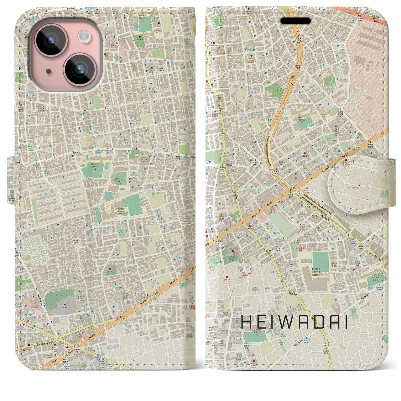【平和台(東京都)】地図柄iPhoneケース(手帳タイプ)ナチュラル・iPhone 15 Plus 用