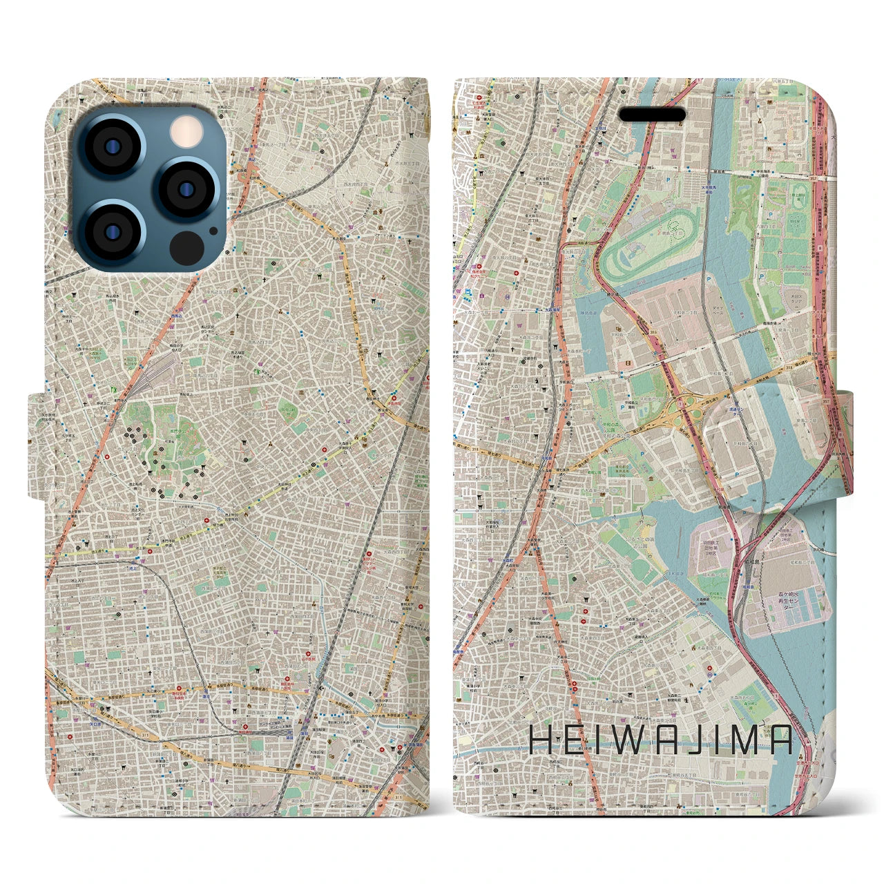 【平和島(東京都)】地図柄iPhoneケース(手帳タイプ)ナチュラル・iPhone 12 / 12 Pro 用