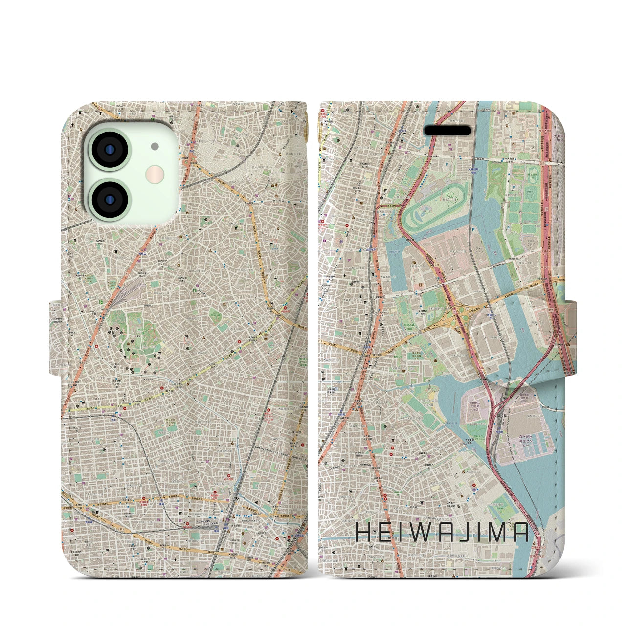 【平和島(東京都)】地図柄iPhoneケース(手帳タイプ)ナチュラル・iPhone 12 mini 用