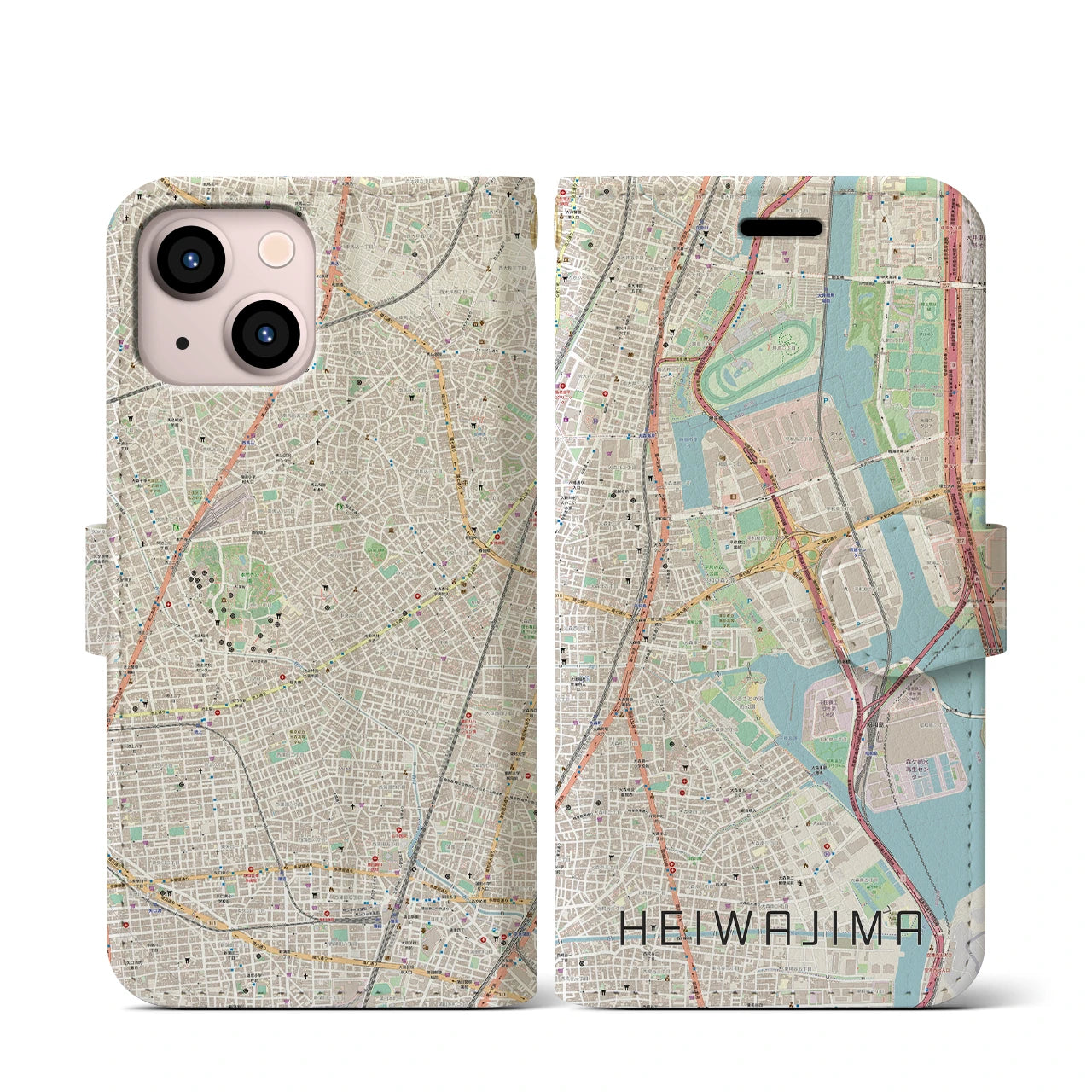 【平和島(東京都)】地図柄iPhoneケース(手帳タイプ)ナチュラル・iPhone 13 mini 用