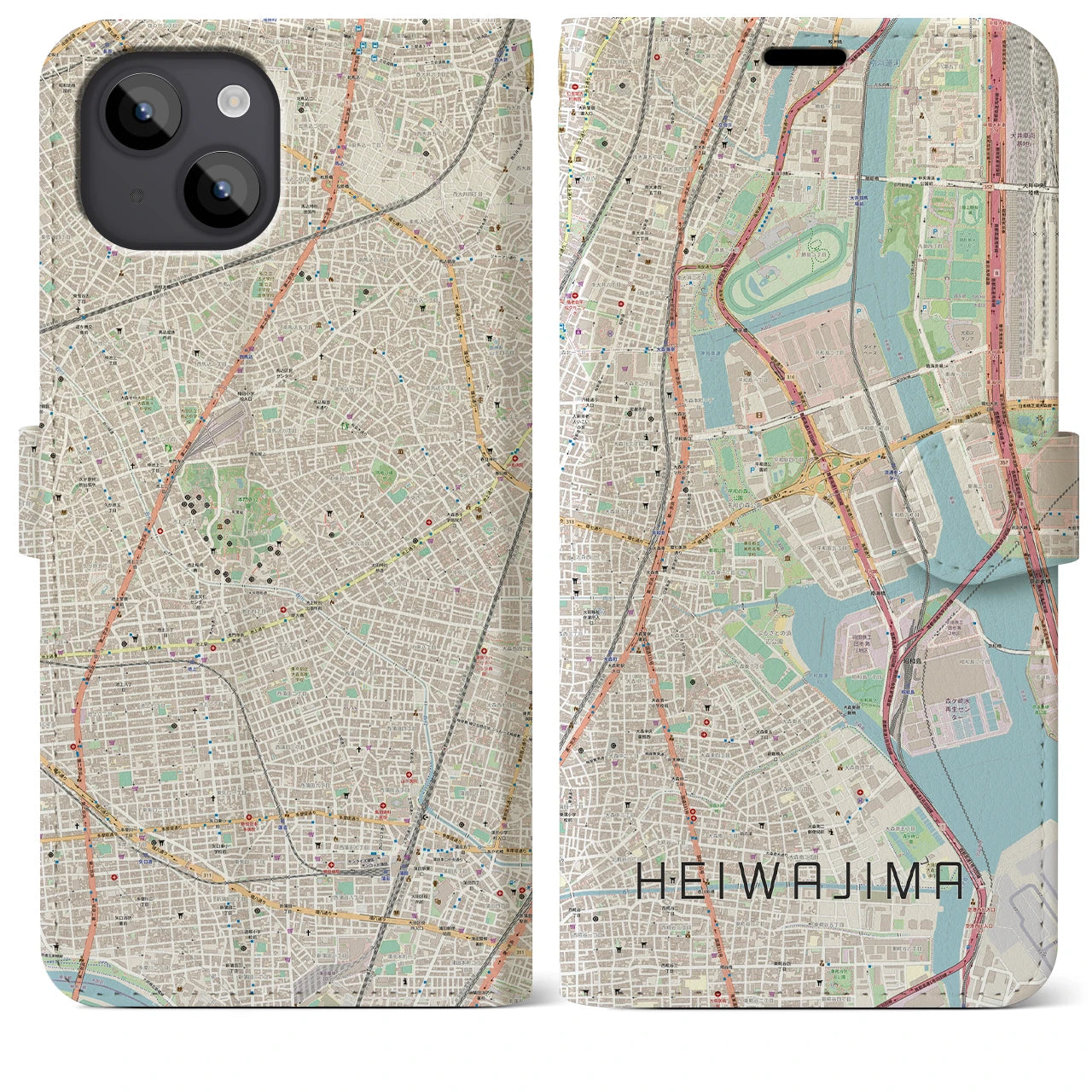 【平和島(東京都)】地図柄iPhoneケース(手帳タイプ)ナチュラル・iPhone 14 Plus 用