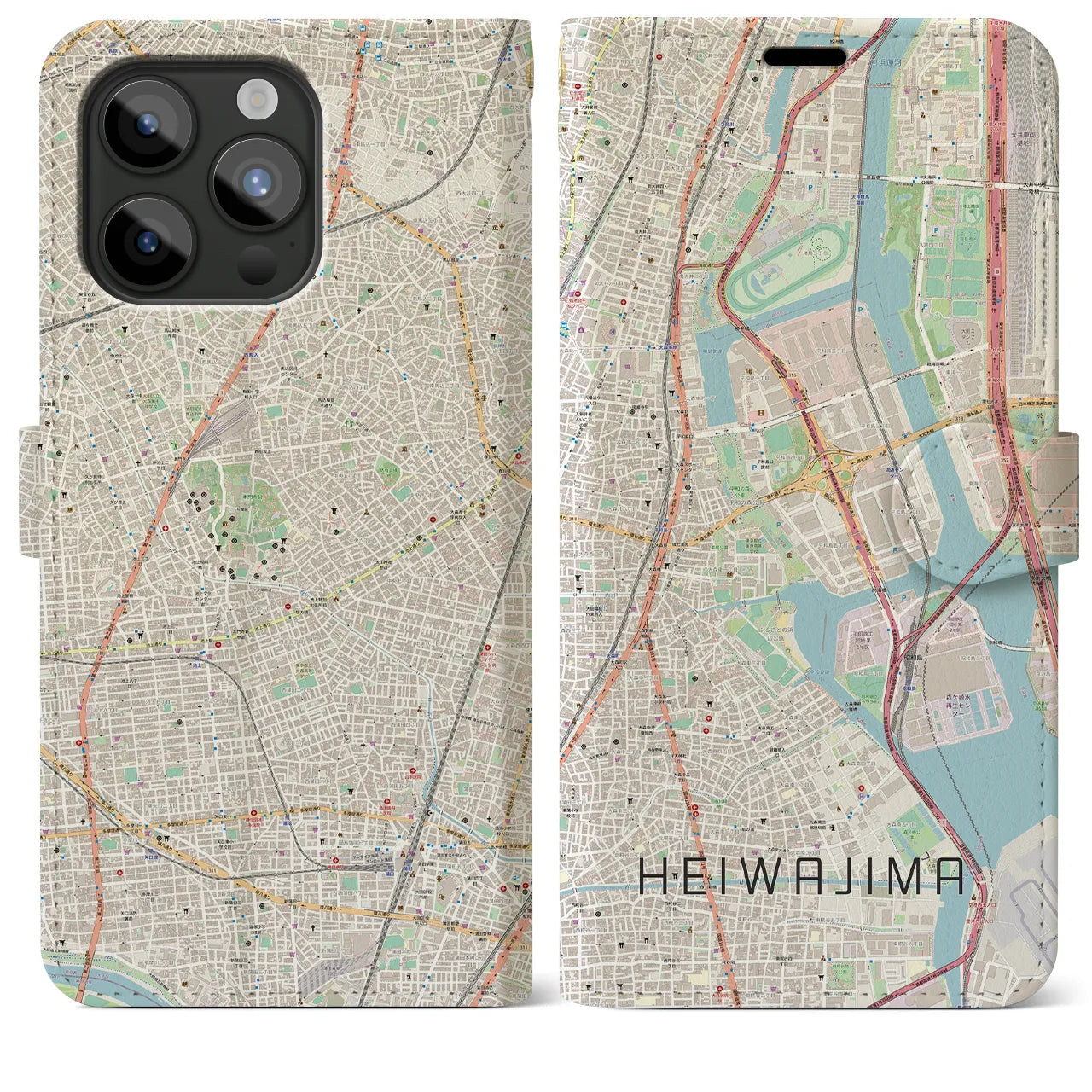 【平和島(東京都)】地図柄iPhoneケース(手帳タイプ)ナチュラル・iPhone 15 Pro Max 用