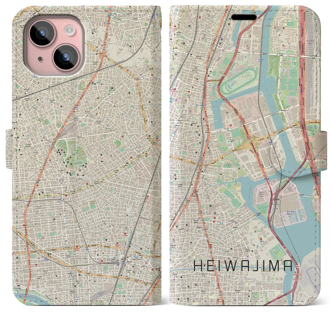 【平和島(東京都)】地図柄iPhoneケース(手帳タイプ)ナチュラル・iPhone 15 Plus 用