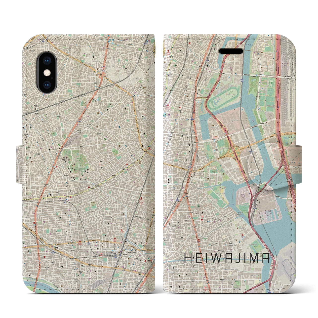【平和島(東京都)】地図柄iPhoneケース(手帳タイプ)ナチュラル・iPhone XS / X 用