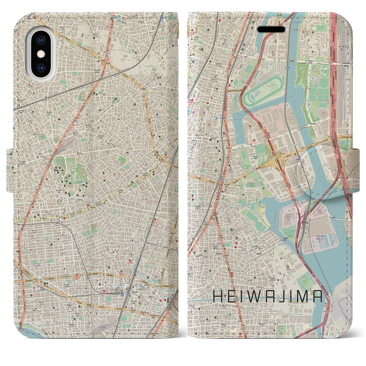 【平和島(東京都)】地図柄iPhoneケース(手帳タイプ)ナチュラル・iPhone XS Max 用