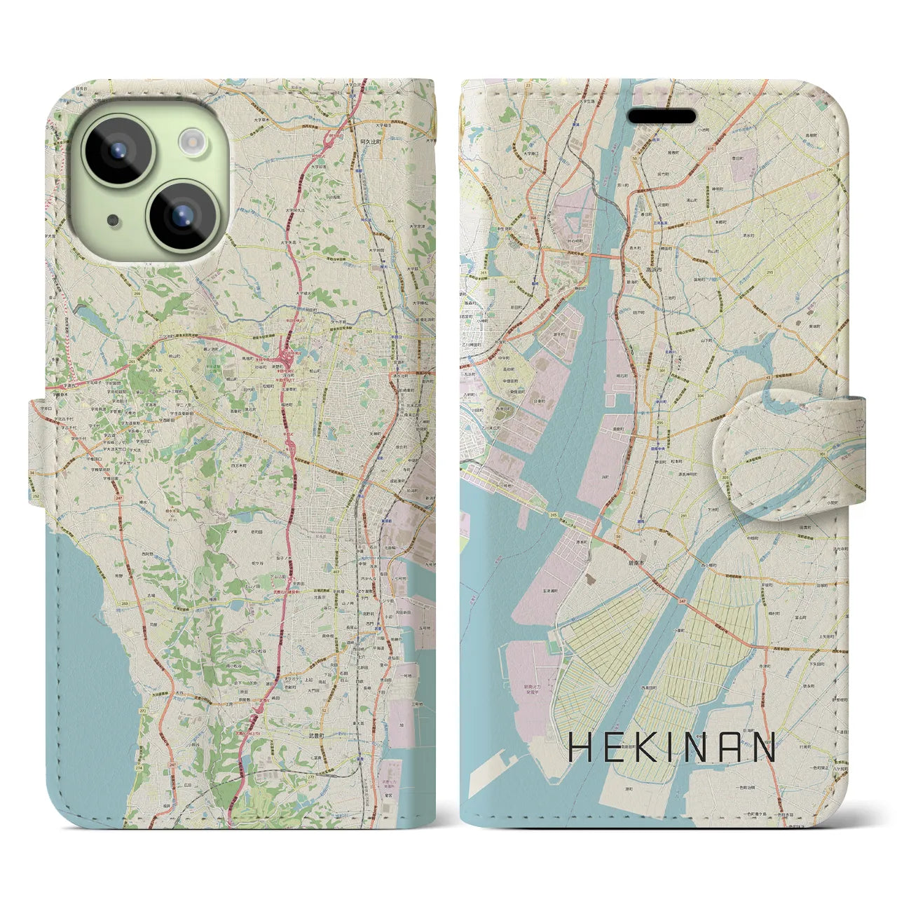 【碧南(愛知県)】地図柄iPhoneケース(手帳タイプ)ナチュラル・iPhone 15 用