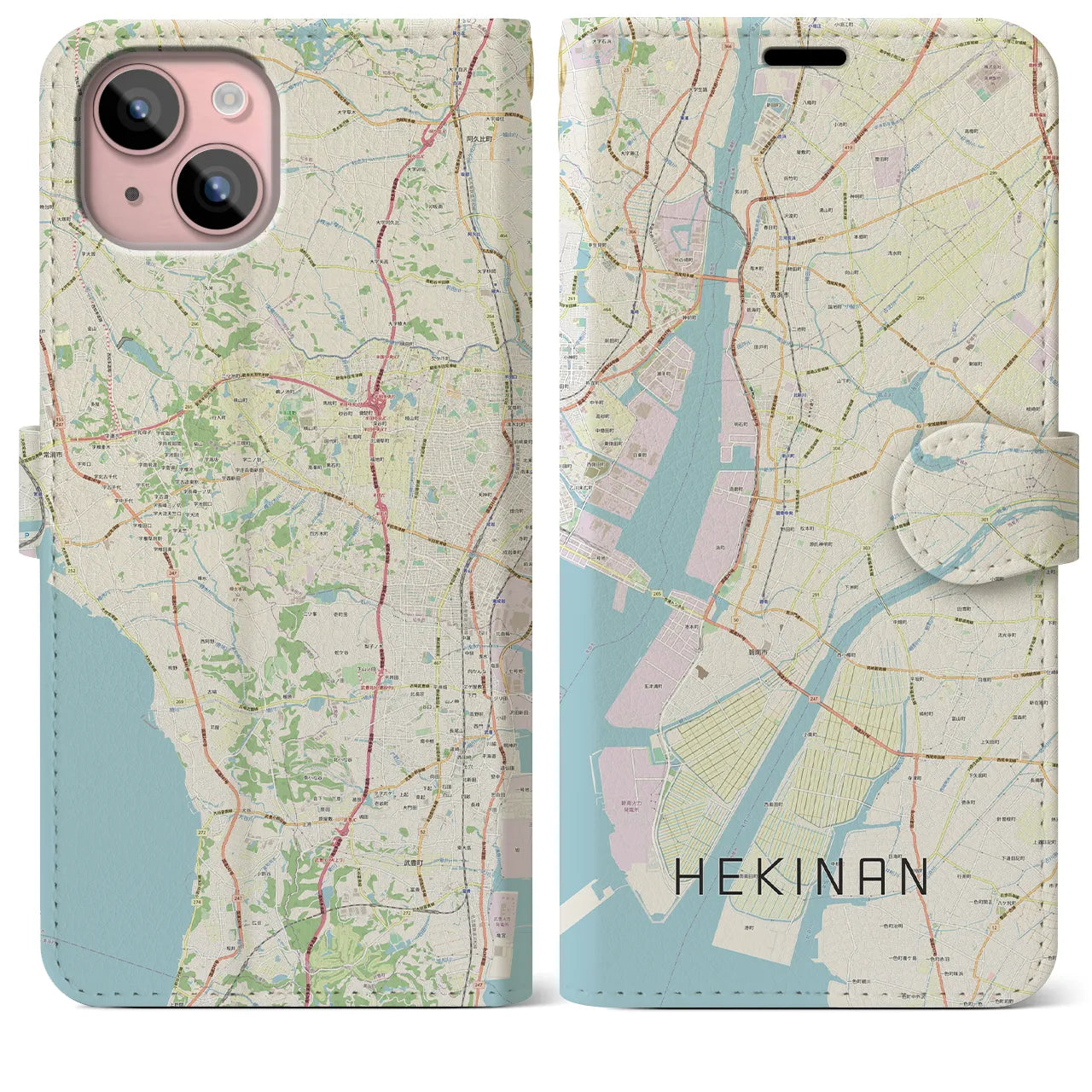 【碧南(愛知県)】地図柄iPhoneケース(手帳タイプ)ナチュラル・iPhone 15 Plus 用