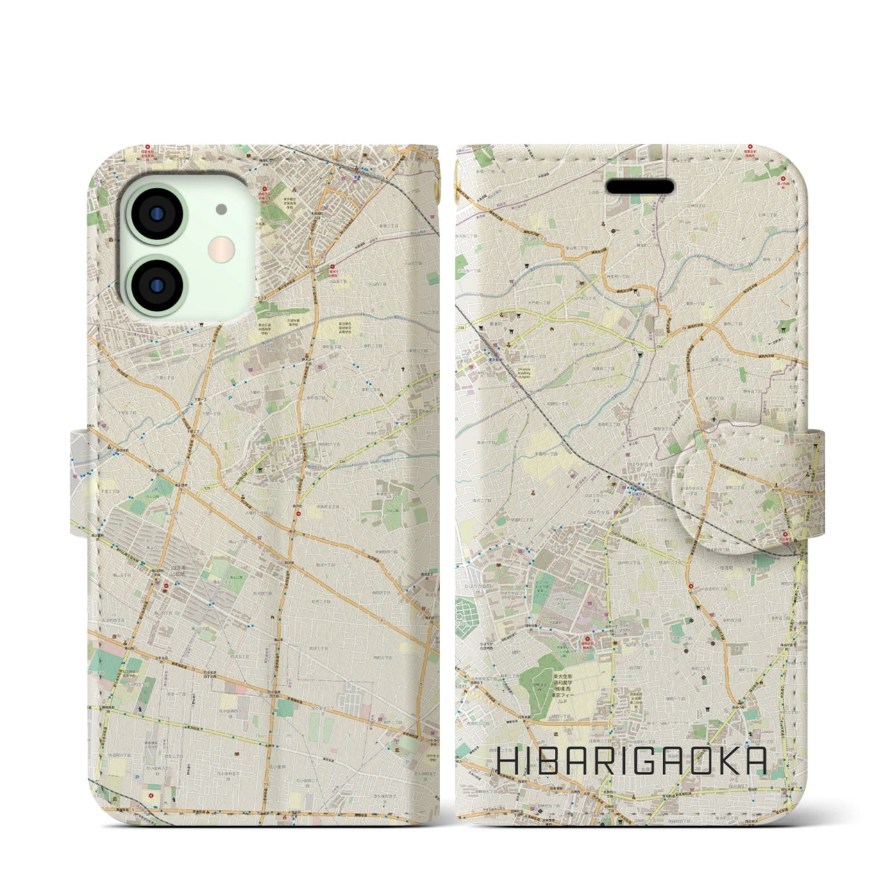 【ひばりヶ丘(東京都)】地図柄iPhoneケース(手帳タイプ)ナチュラル・iPhone 12 mini 用