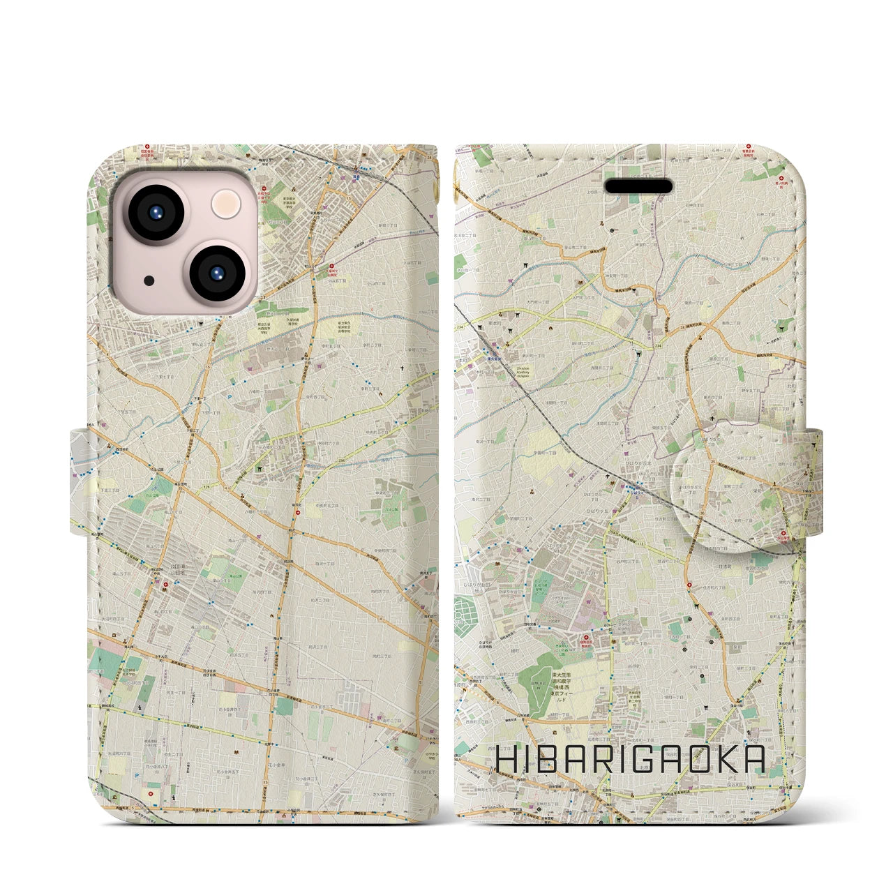【ひばりヶ丘(東京都)】地図柄iPhoneケース(手帳タイプ)ナチュラル・iPhone 13 mini 用