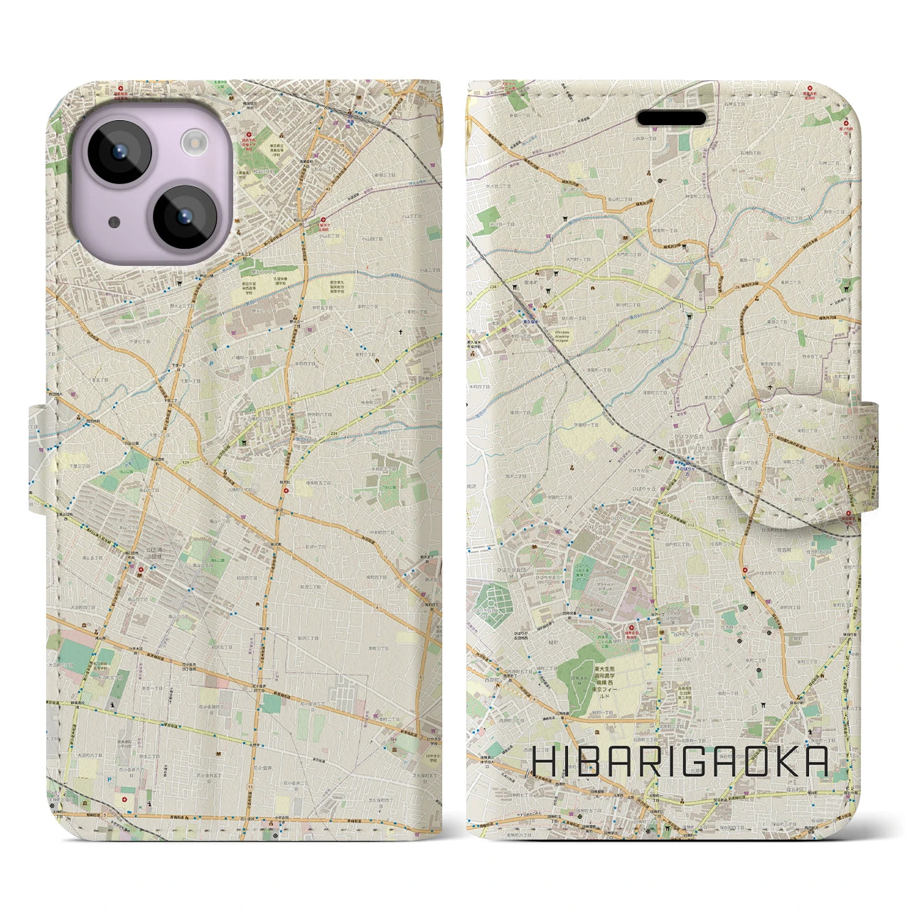 【ひばりヶ丘(東京都)】地図柄iPhoneケース(手帳タイプ)ナチュラル・iPhone 14 用