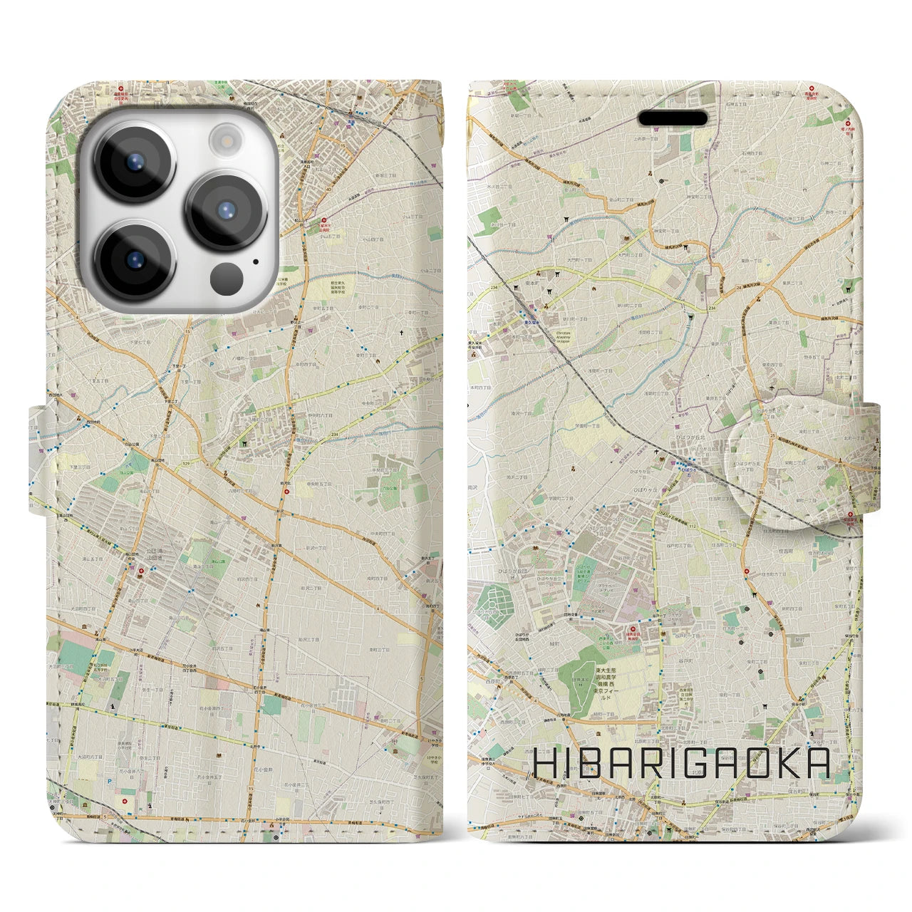 【ひばりヶ丘(東京都)】地図柄iPhoneケース(手帳タイプ)ナチュラル・iPhone 14 Pro 用