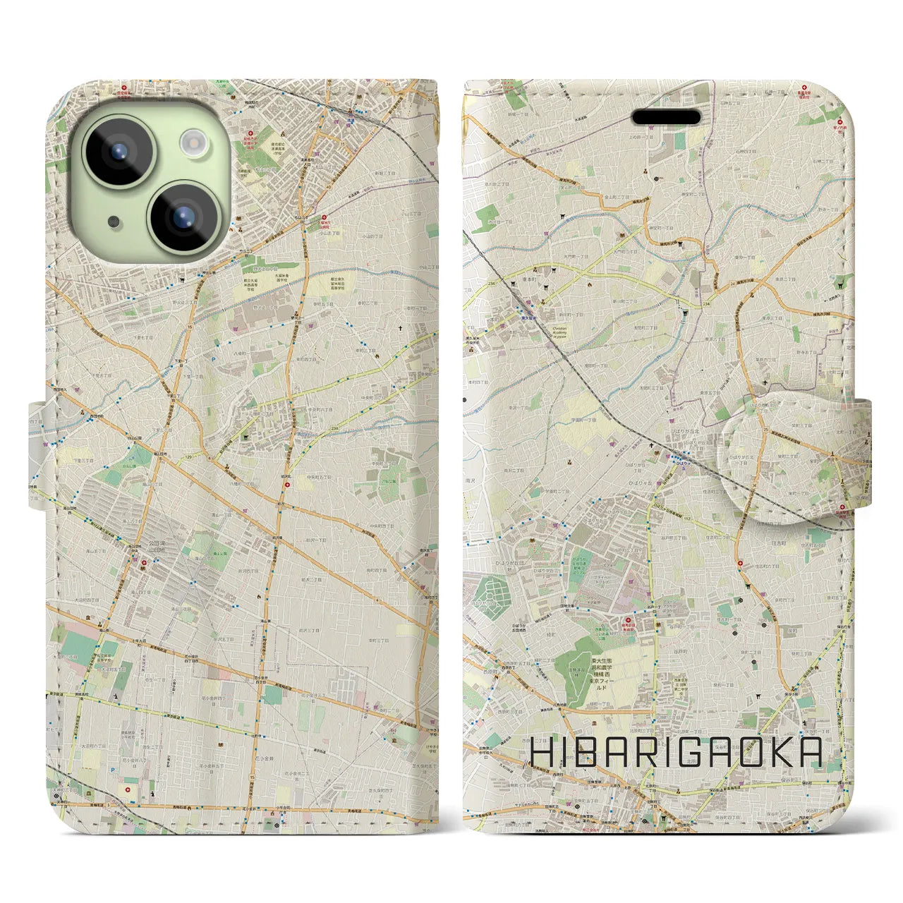 【ひばりヶ丘(東京都)】地図柄iPhoneケース(手帳タイプ)ナチュラル・iPhone 15 用