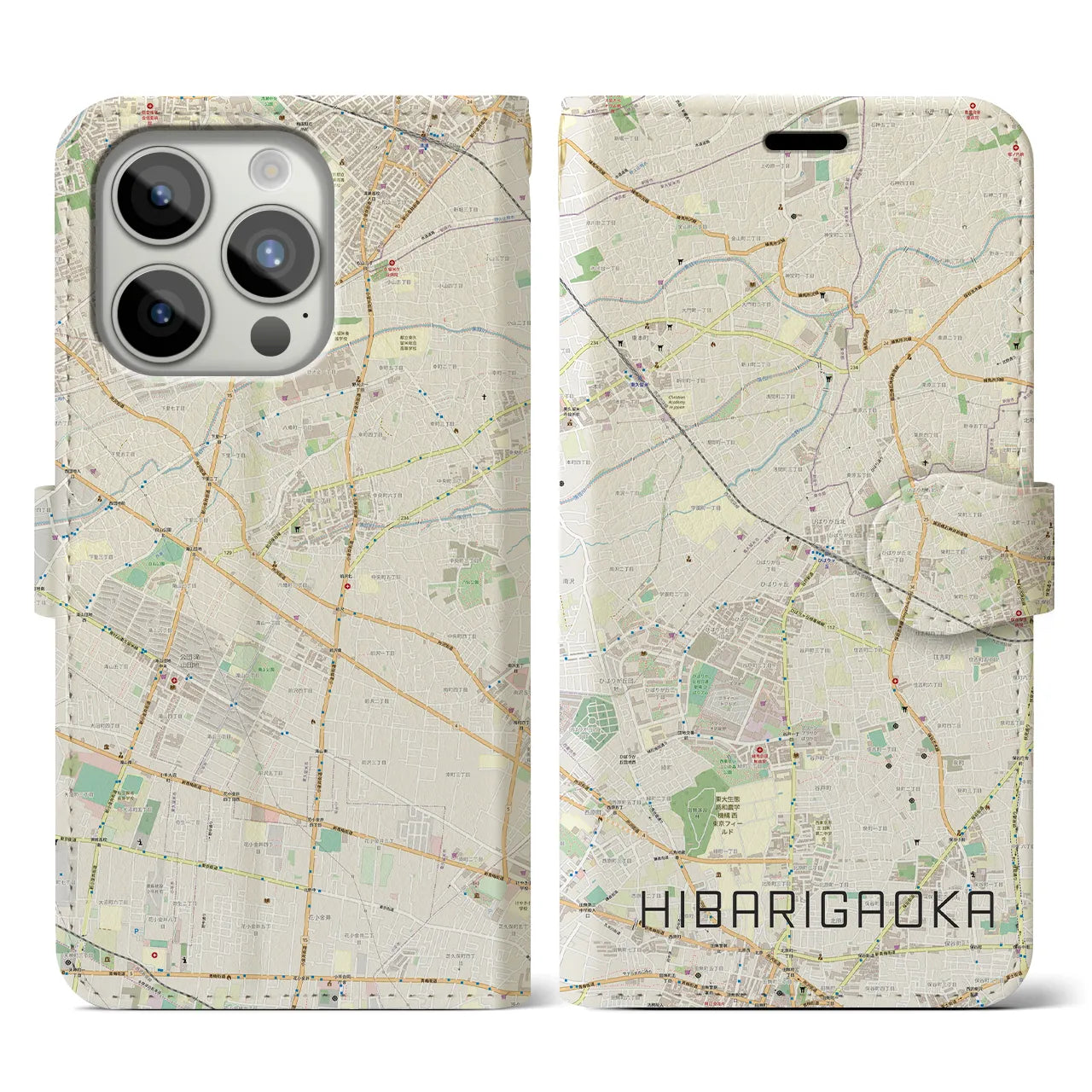【ひばりヶ丘(東京都)】地図柄iPhoneケース(手帳タイプ)ナチュラル・iPhone 15 Pro 用