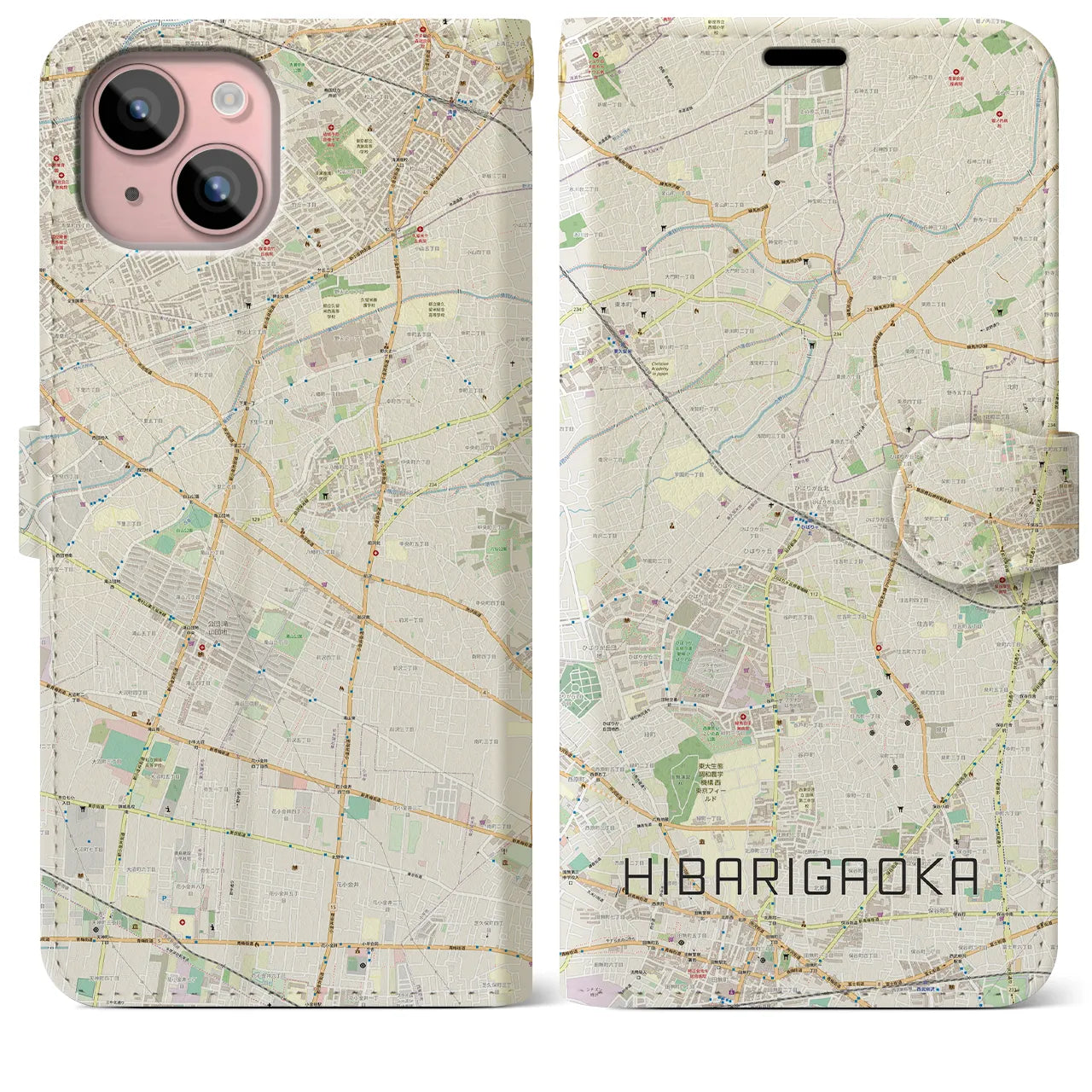 【ひばりヶ丘(東京都)】地図柄iPhoneケース(手帳タイプ)ナチュラル・iPhone 15 Plus 用