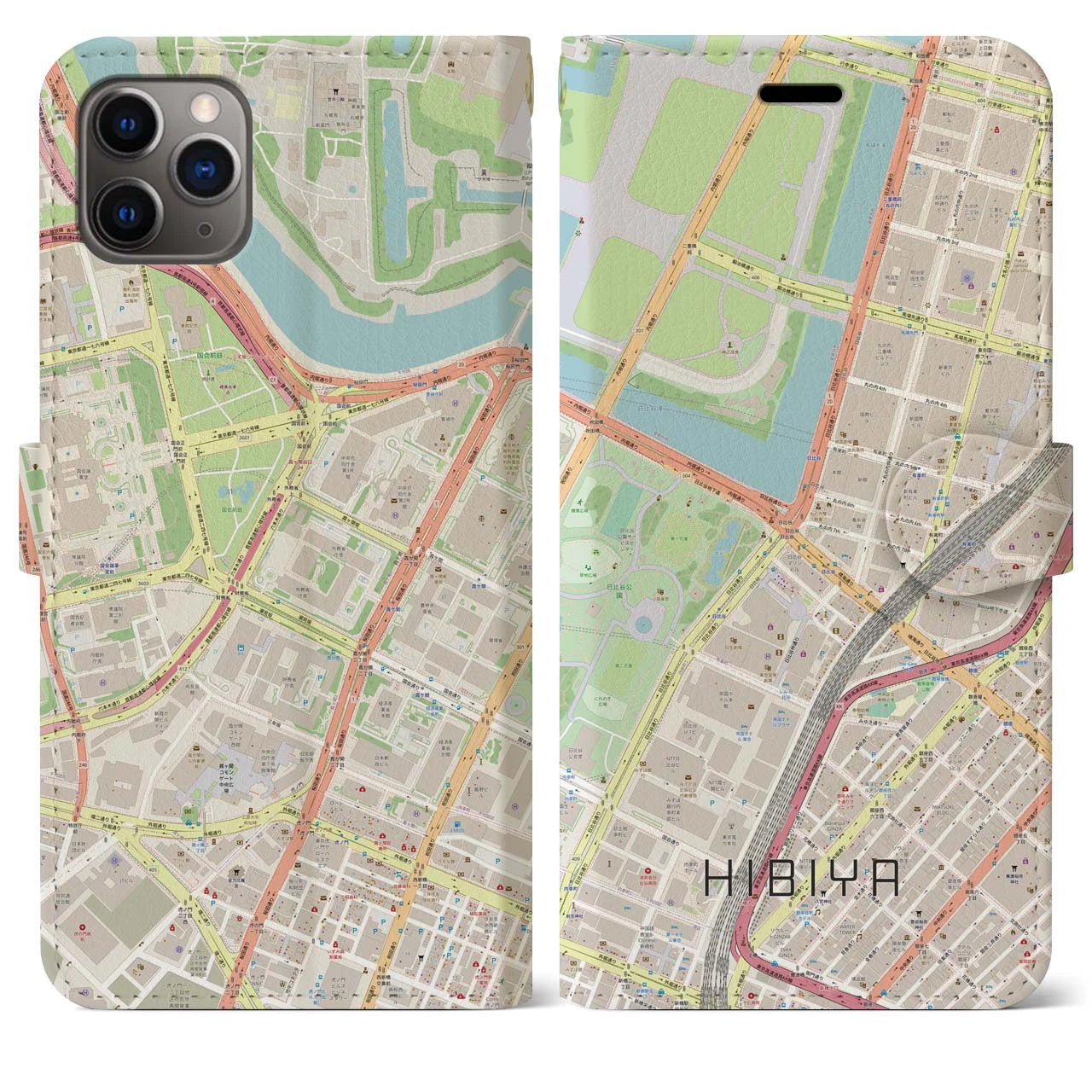 【日比谷(東京都)】地図柄iPhoneケース(手帳タイプ)ナチュラル・iPhone 11 Pro Max 用