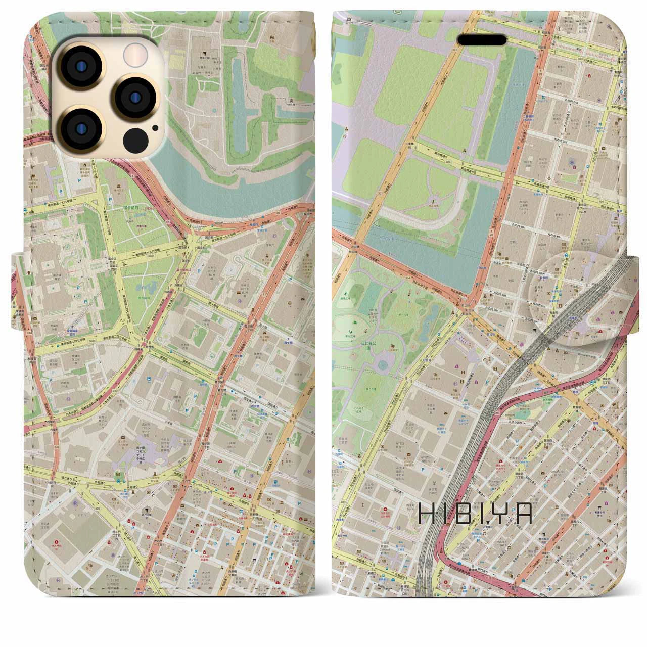 【日比谷(東京都)】地図柄iPhoneケース(手帳タイプ)ナチュラル・iPhone 12 Pro Max 用