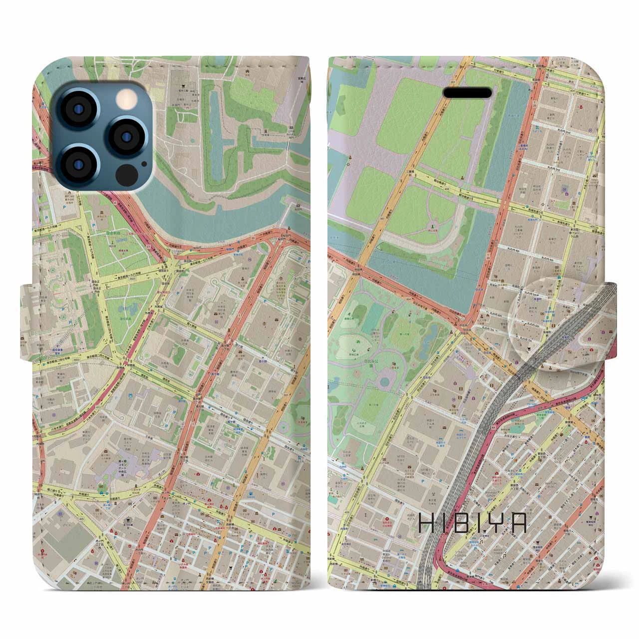 【日比谷(東京都)】地図柄iPhoneケース(手帳タイプ)ナチュラル・iPhone 12 / 12 Pro 用