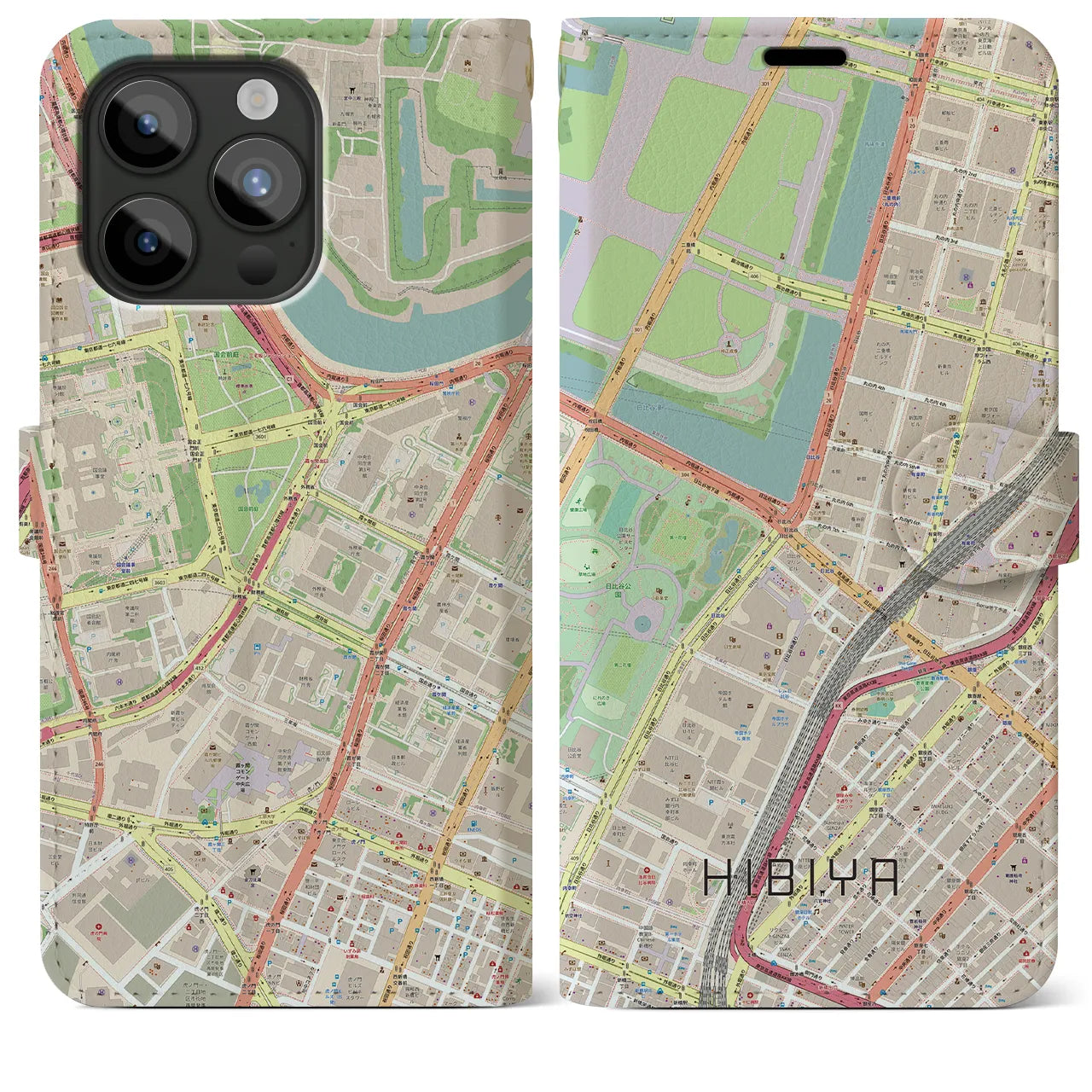 【日比谷(東京都)】地図柄iPhoneケース(手帳タイプ)ナチュラル・iPhone 15 Pro Max 用