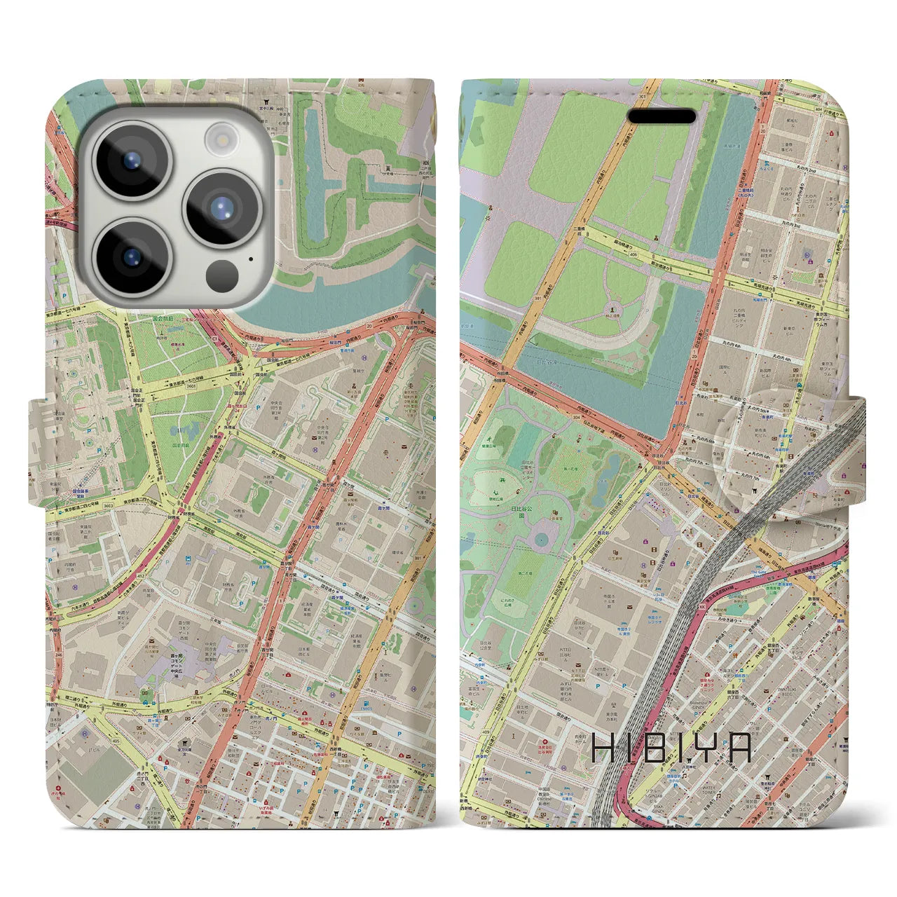 【日比谷(東京都)】地図柄iPhoneケース(手帳タイプ)ナチュラル・iPhone 15 Pro 用