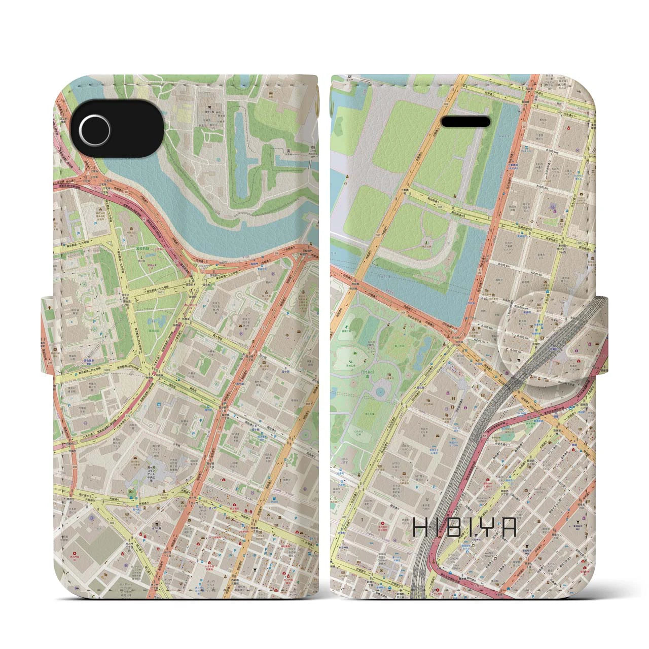 【日比谷(東京都)】地図柄iPhoneケース(手帳タイプ)ナチュラル・iPhone SE(第3 / 第2世代) / 8 / 7 / 6s / 6 用
